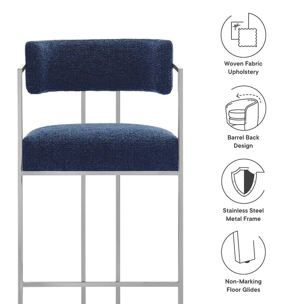 - Woven Fabric Upholstery
- Barrel Back Design
- Stainless Steel Metal Frame
- Non-Marking Floor Glides