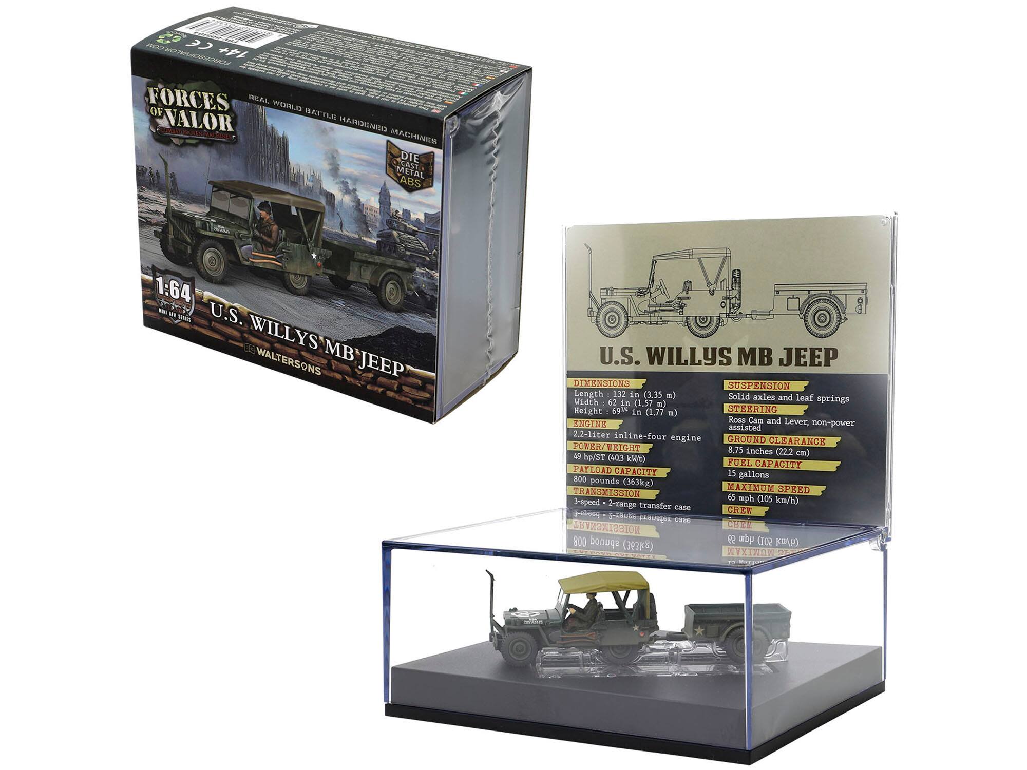 400 20 14+CE

FORCES OF VALOR HARDENED MACHINES DIE CAST METAL ABS

1:64 WRITE 14 U.S. WILLYS WALTERSONS MB JEEP

U.S. WILLYS MB JEEP DIMENSIONS
- Length: 132 in (3.35 m)
- Width: 62 in (1.57 m)
- Height: 69.3% in (1.77 m)

SUSPENSION
- Solid axles and leaf springs

STEERING
- Ross and Lever, non-power assisted

ENGINE
- 2.2-liter inline-four engine

GROUND CLEARANCE
- 8.75 inches (22.2 cm)

POWER/WEIGHT
- 49 hp/ST (403 kW/t)

FUEL CAPACITY
- 15 gallons

PAYLOAD CAPACITY
- 800 pounds (363 kg)

TRANSMISSION
- 3-speed 2-range transfer case

MAXIMUM SPEED
- 65 mph (105 km/h)

CREW
- 3-aboq

5-
