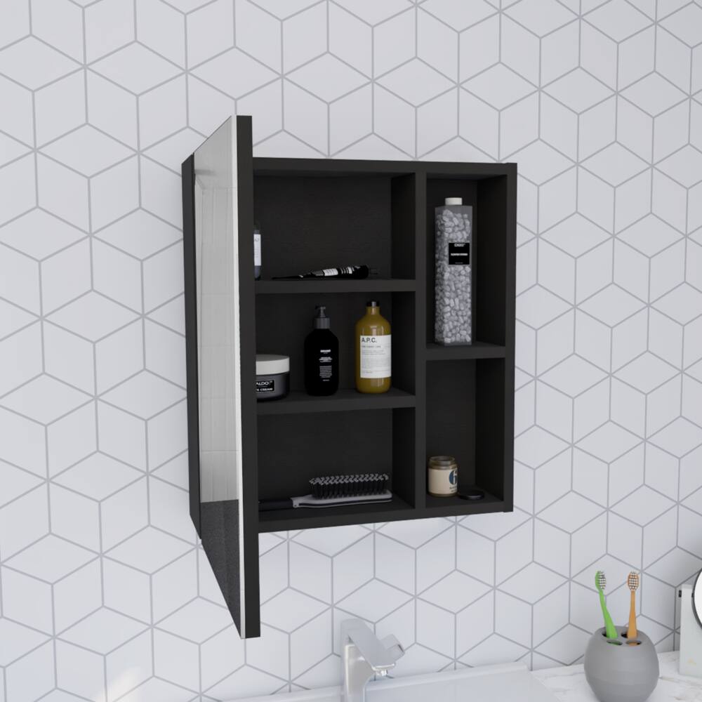 Left. TinyHomie - Medicine Single Door Cabinet 19in H With Mirror Five Interior Shelves Black - Black.