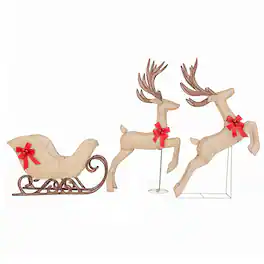 Costway - 3PCS Christmas Lighted Reindeer Sleigh Set with 280 LED Lights Ground Stakes - Cold White