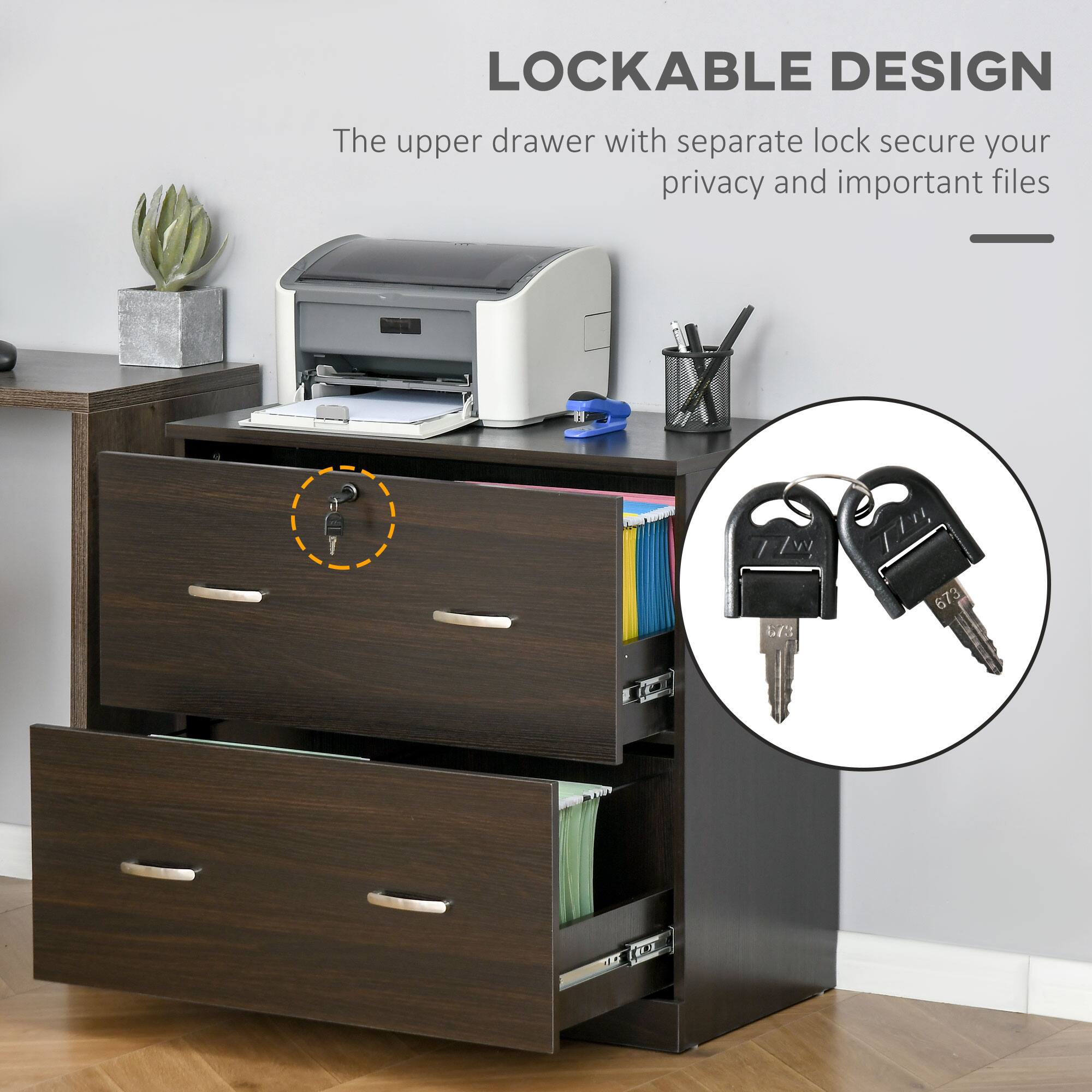 LOCKABLE DESIGN  
The upper drawer with separate lock secure your privacy and important files