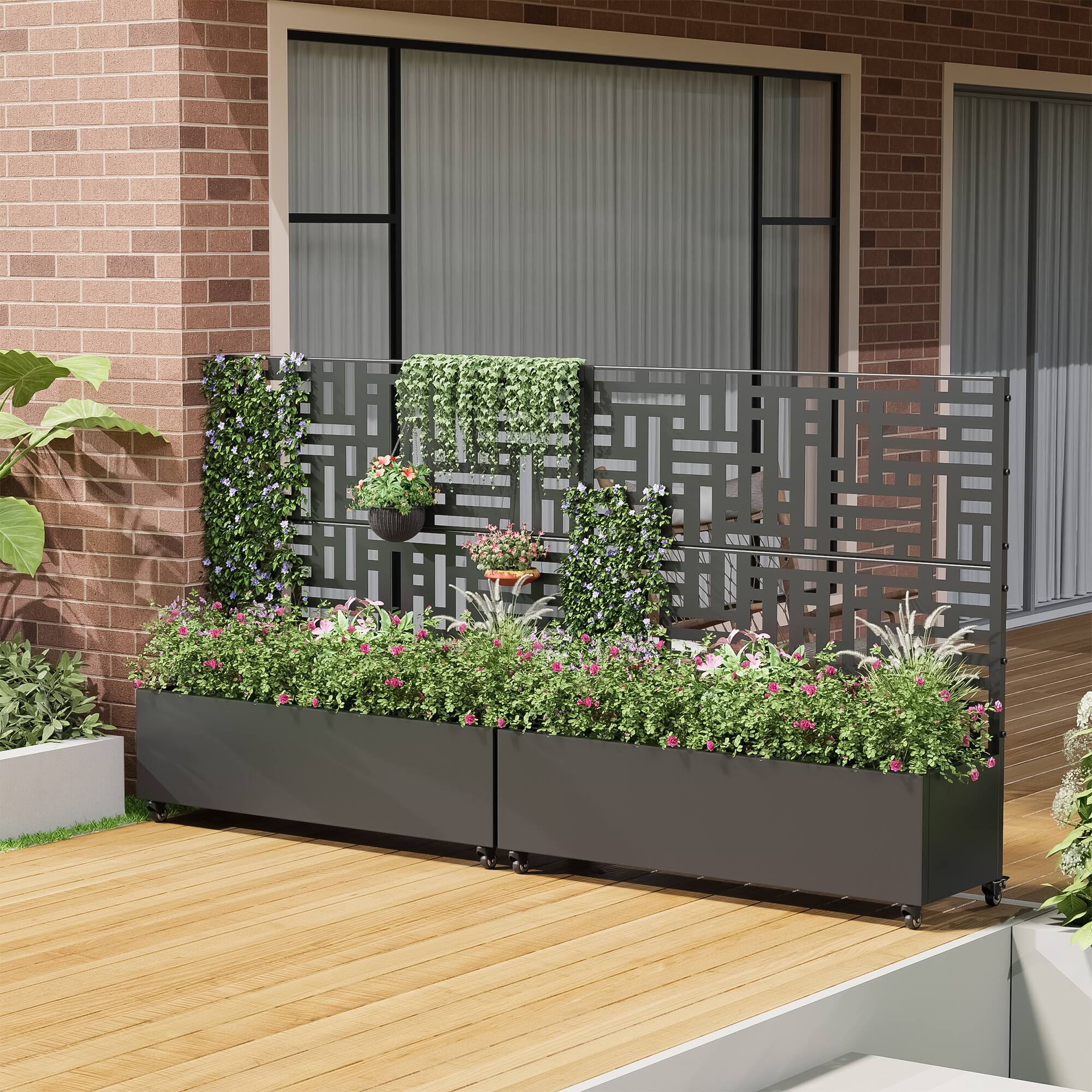 Alt View 2. PexFix - 47 in. H x 47 in. W Helen Pattern Rectangle Metal Planter Box Raised Garden Beds with Trellis-Ideal for Balcony - Black.