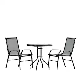 Emma + Oliver - Three Piece Patio Table Set with Square Metal Frame Table with Tempered Glass Top and Two Flex Comfort Stacking Chairs - Black