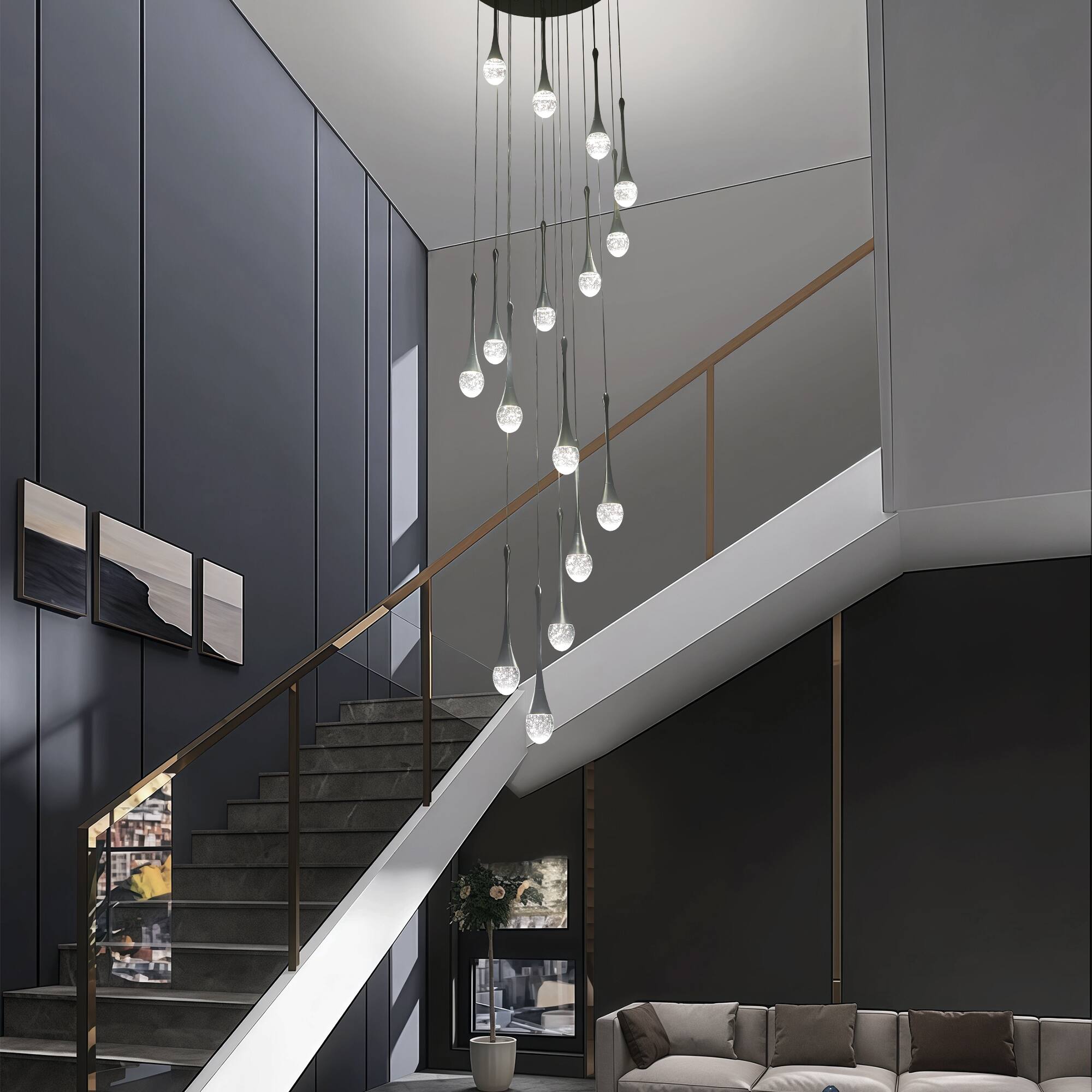 Alt View 2. RYHNUYNE - 16-Light Black Large Modern Chandelier, Crystal Staircase Chandelier with Remote, Dimmable LED Raindrop Lighting Chandel - Black.