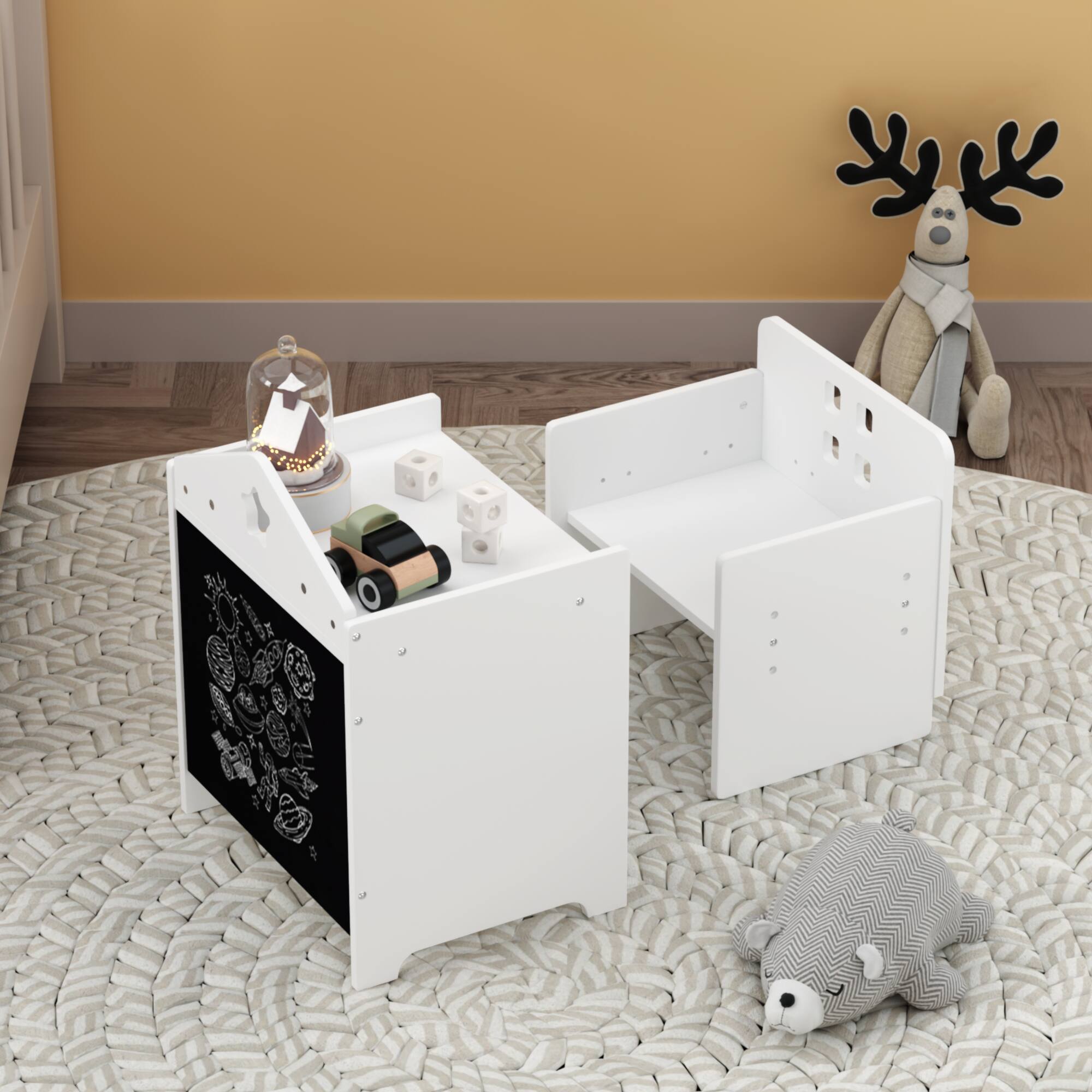 Front. Tiramisubest - Wooden Toddler Table and Chair Set,Kids Activity Table Step Stools with Blackboard & 3 Heights Adjustable - White.