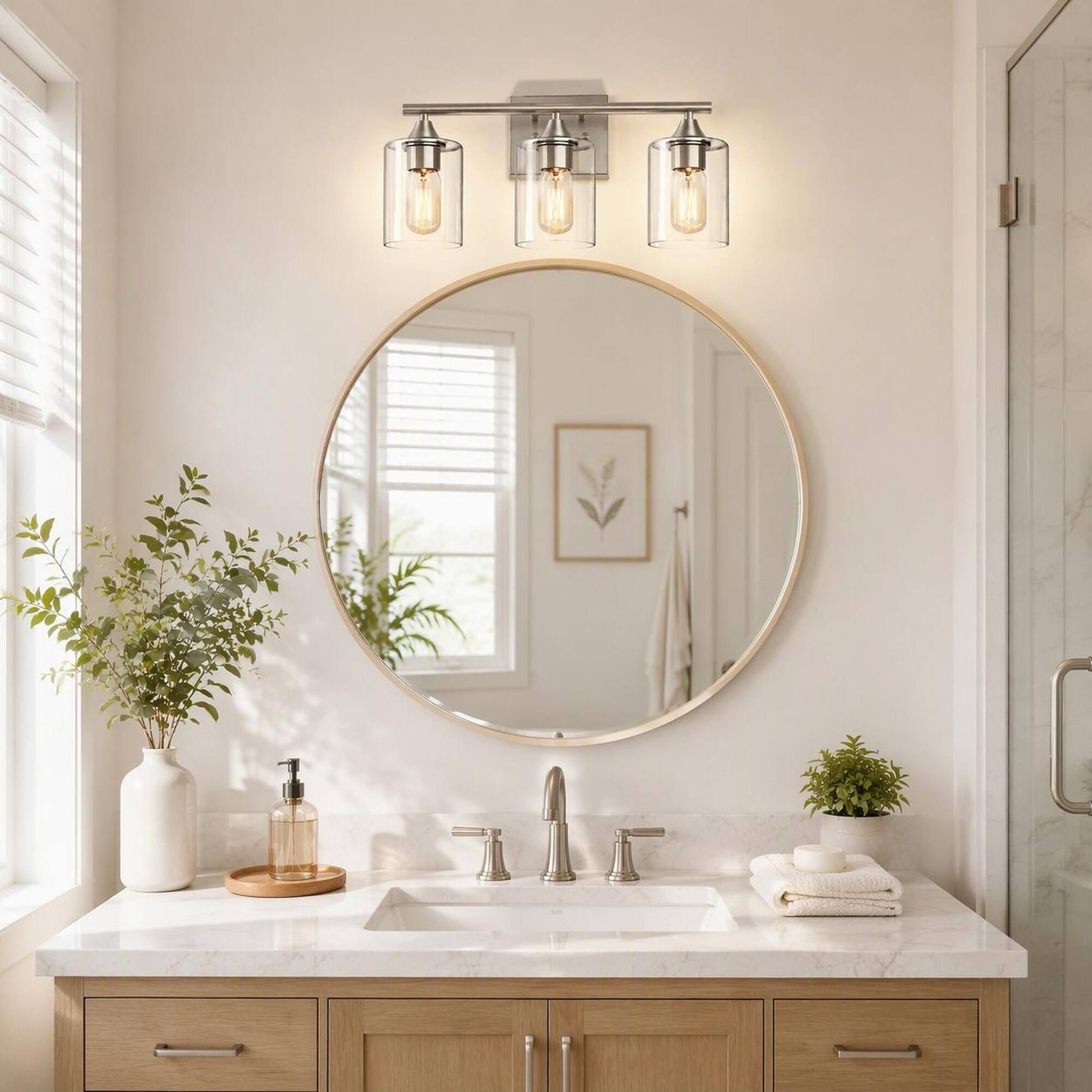 Angle. RYHNUYNE - 3-Light Brushed Nickel Vanity Light with Clear Glass Shades, Moisture-Resistant Iron Frame, Reversible Wall Sconce.