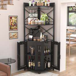 Aheaplus - Industrial 5-Tiers Corner Bar/Wine/Liquor Cabinet with Power Outlet, LED Strip & Glass Holder for Home Small Space - Black