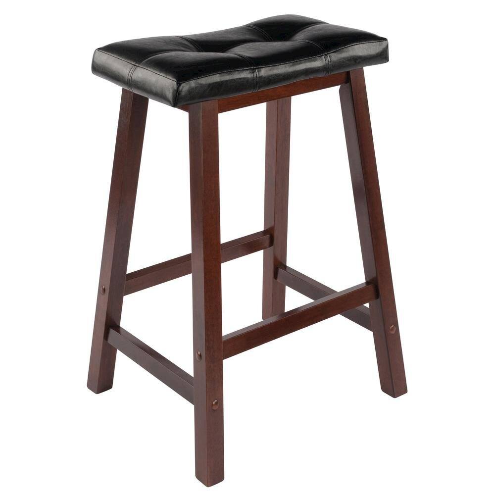 Left. FurniFact - Black Faux Leather Saddle Seat Bar Stool, 24 Inch Counter Height Kitchen Stool - Walnut / Black.