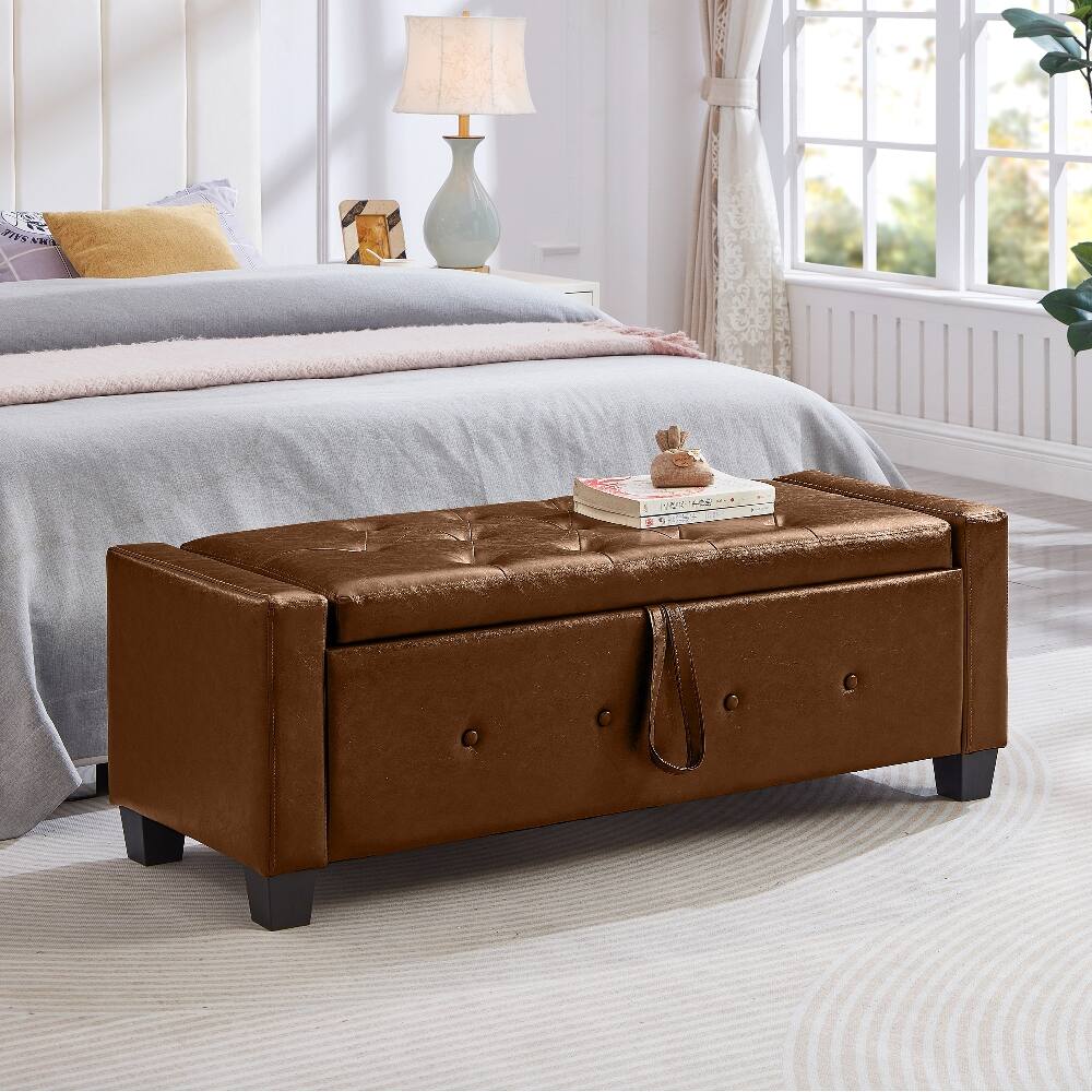 Back. Ropilly - Ropilly 48 Inch Brown Tufted Faux Leather Storage Ottoman Bench - Brown.