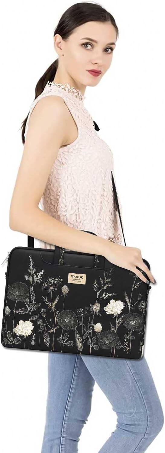 Angle. mosiso - Laptop Shoulder Bag 15-16 Inch, Laptop Briefcase Sleeve with Belt for 15-15.6 inch MacBook Air Pro HP Dell ASUS Acer - Retro Flower.