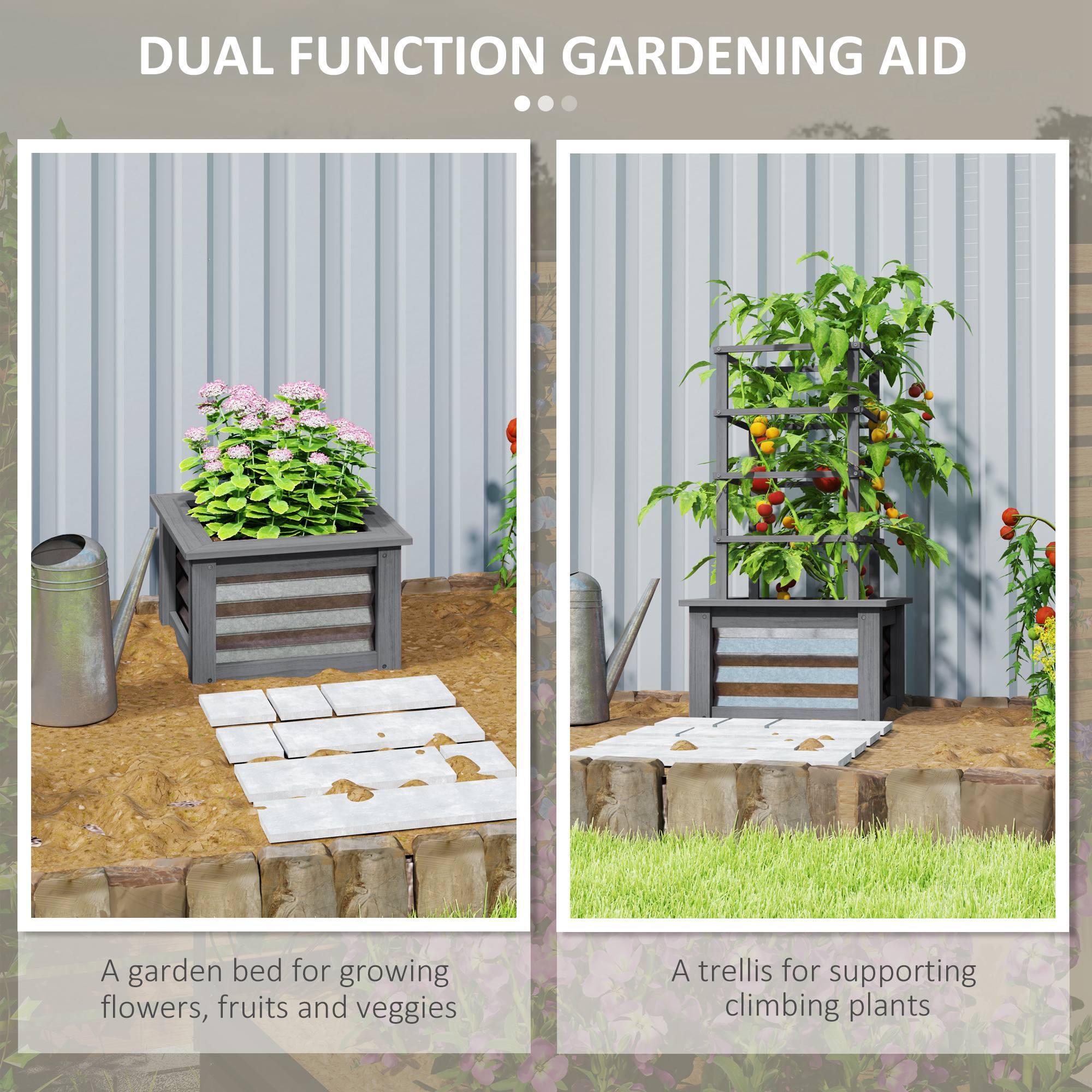 DUAL FUNCTION GARDENING AID

A garden bed for growing flowers, fruits and veggies

A trellis for supporting climbing plants