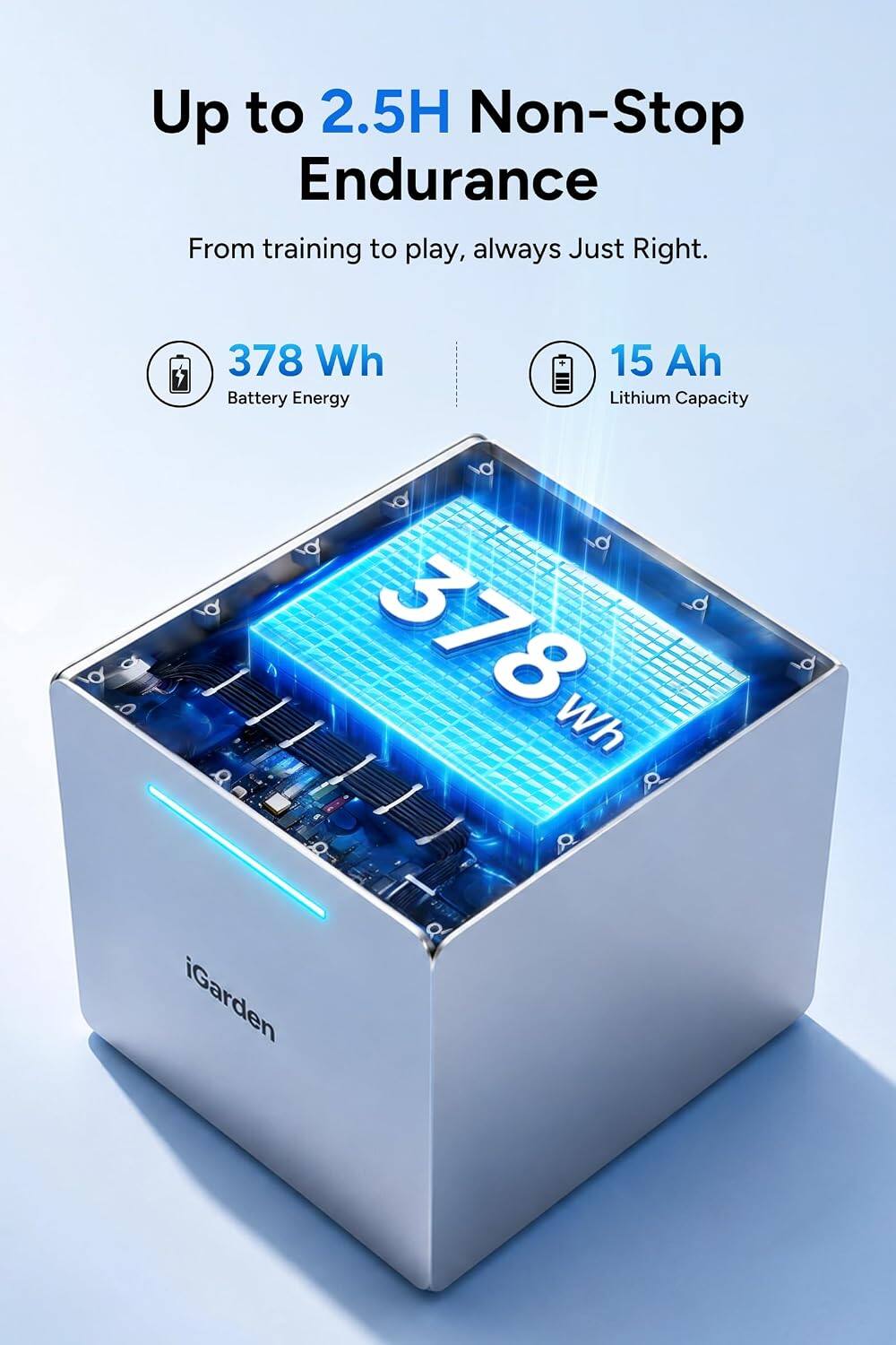 Up to 2.5H Non-Stop Endurance  
From training to play, always Just Right.  

378 Wh Battery Energy  
15 Ah Lithium Capacity  

iGarden