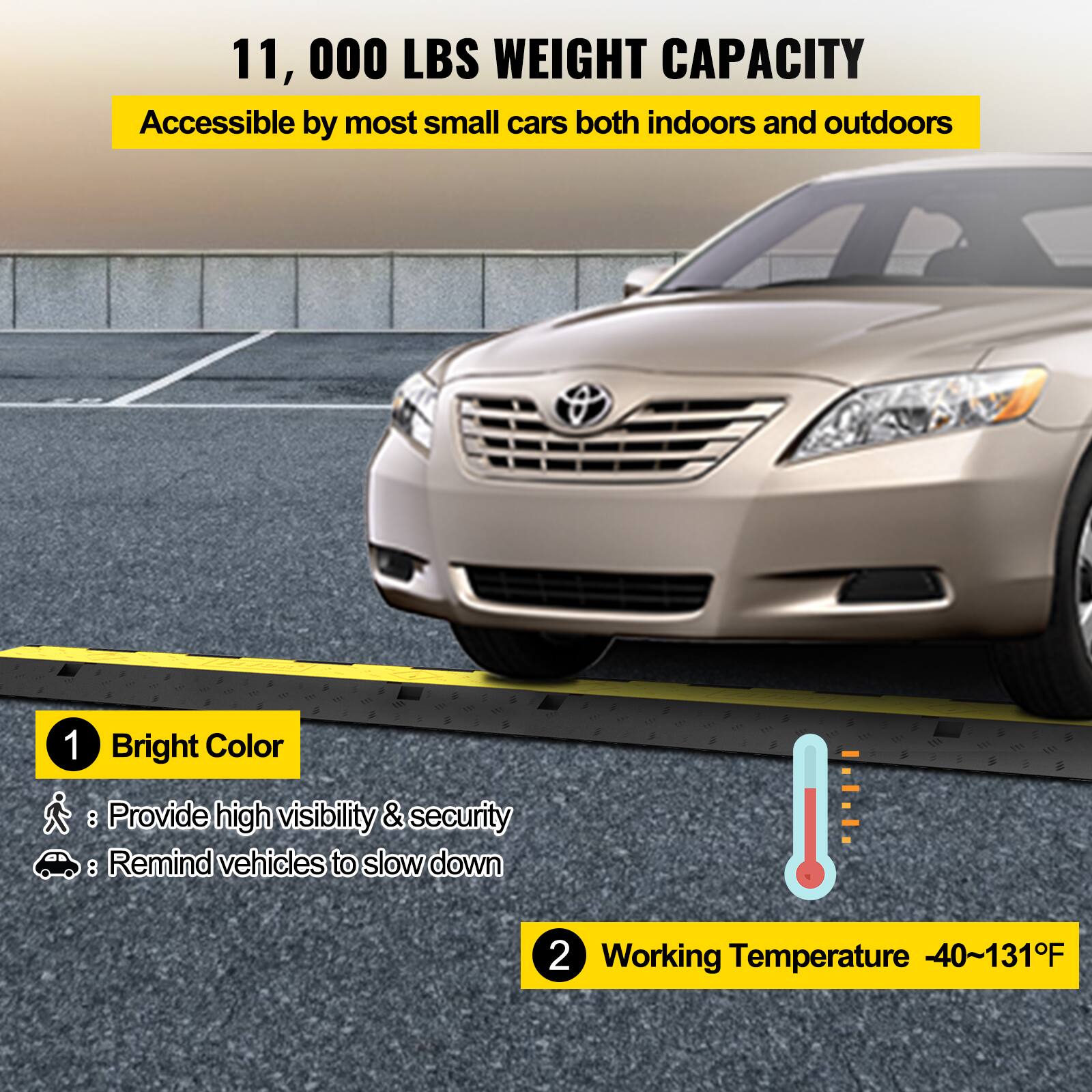 11, 000 LBS WEIGHT CAPACITY
Accessible by most small cars both indoors and outdoors
1 Bright Color
Provide high visibility & security
Remind vehicles to slow down
2 Working Temperature -40~131F