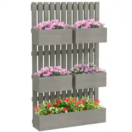 Outsunny - 5 Box Raised Garden Bed with Trellis for Vine Flowers & Climbing Plants, 39" Tall Wall-Mounted Wood Planter Box Set - Gray