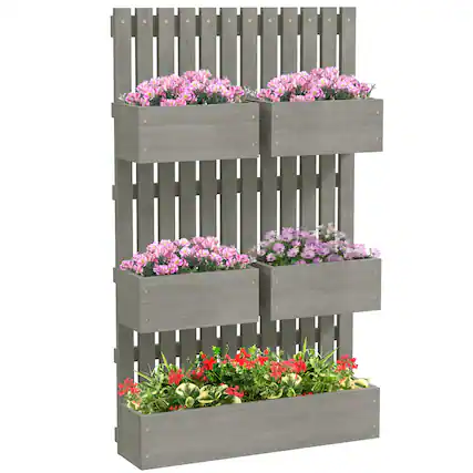 Front. Outsunny - 5 Box Raised Garden Bed with Trellis for Vine Flowers & Climbing Plants, 39" Tall Wall-Mounted Wood Planter Box Set - Gray.
