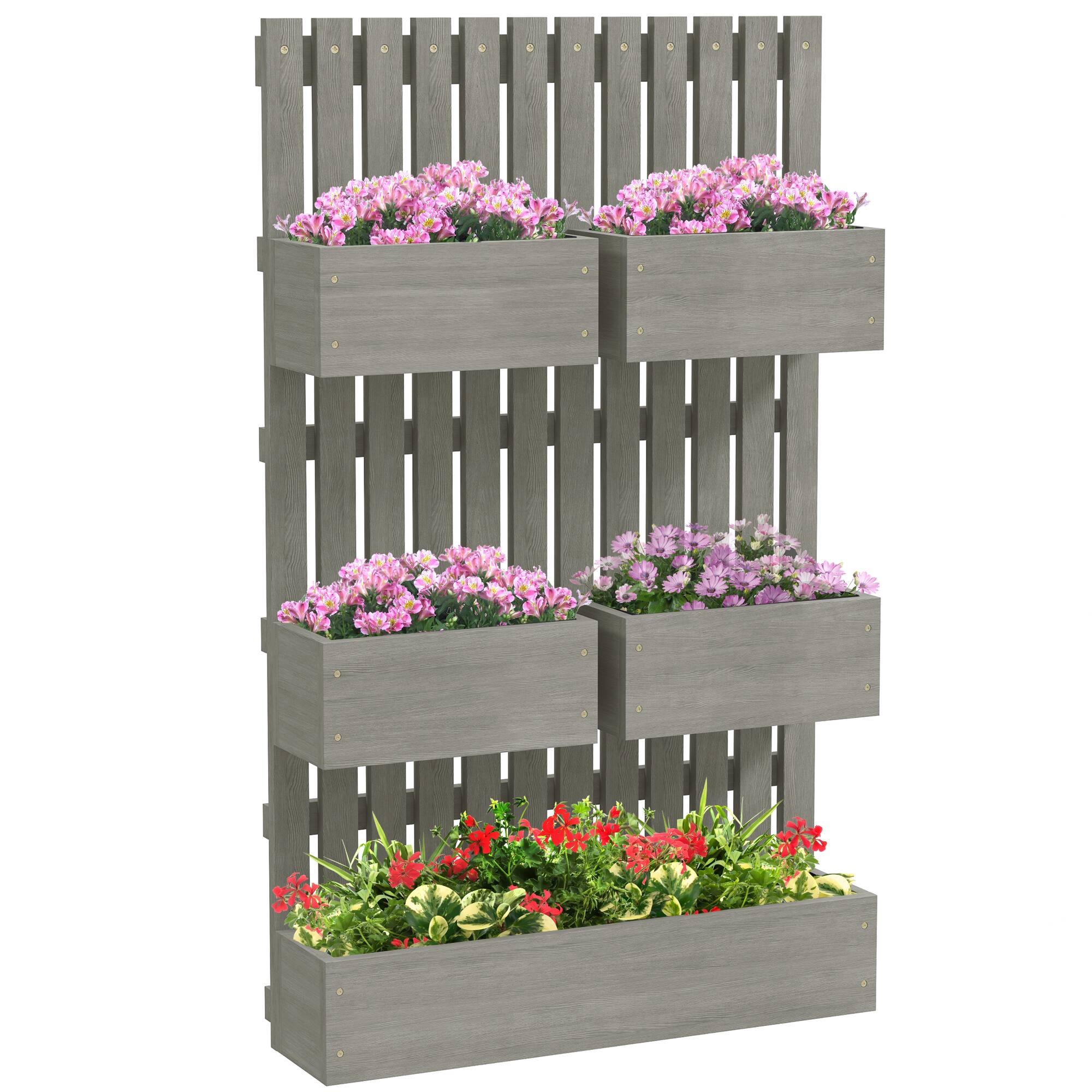 Front. Outsunny - 5 Box Raised Garden Bed with Trellis for Vine Flowers & Climbing Plants, 39" Tall Wall-Mounted Wood Planter Box Set - Gray.