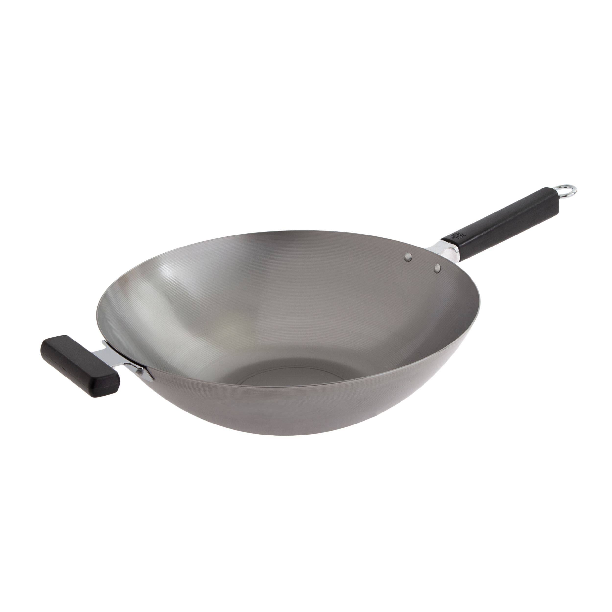 Front. Escali - Joyce Chen Professional Series 14-Inch Uncoated Carbon Steel Flat Bottom Wok with Phenolic Handles - Silver.
