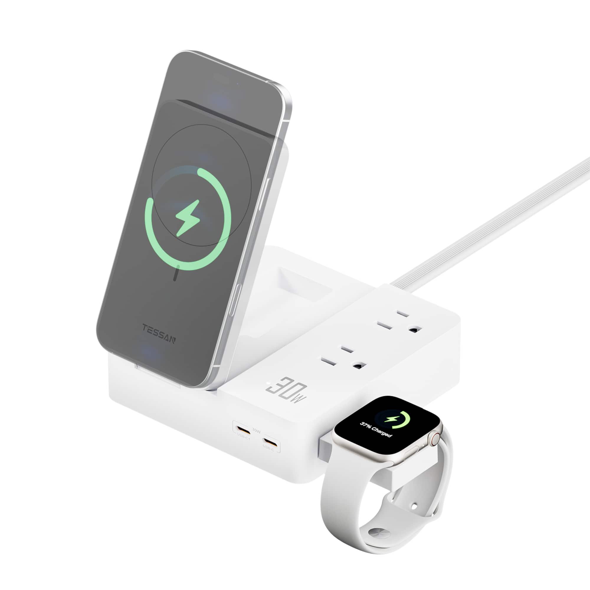 TESSAN - 30W Charging Station USB Phone Charger with Wireless Charging and 2 AC Outlet, 5FT Extension Cord - White price history on PriceWatchPro