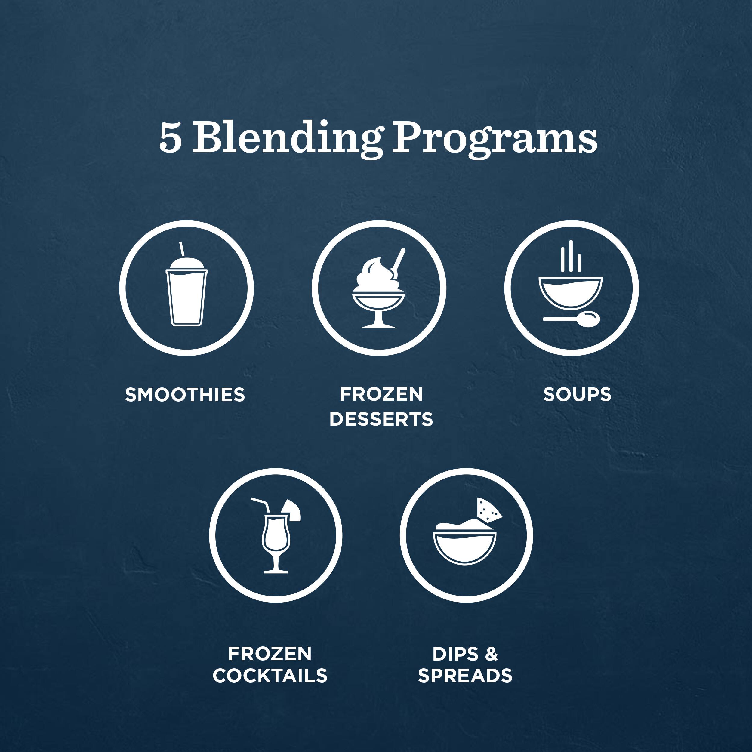 5 Blending Programs

- Smoothies
- Frozen Desserts
- Soups
- Frozen Cocktails
- Dips & Spreads