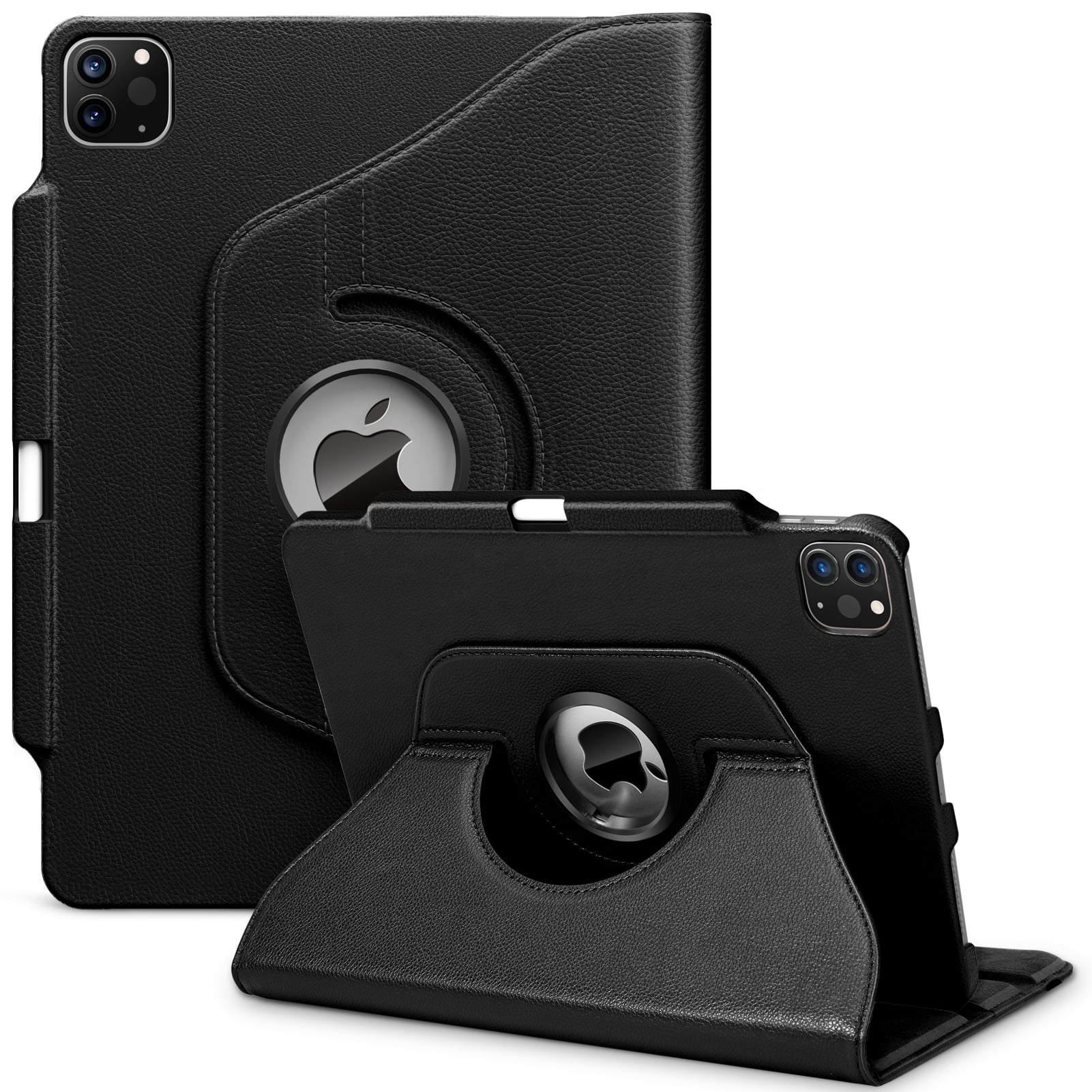 Front. DTTO - Case for iPad Pro 12.9" 3rd/4th/5th/6th Gen, Leather Smart Folio with 360° Rotating Stand, Pencil Holder & Close Strap - Black.
