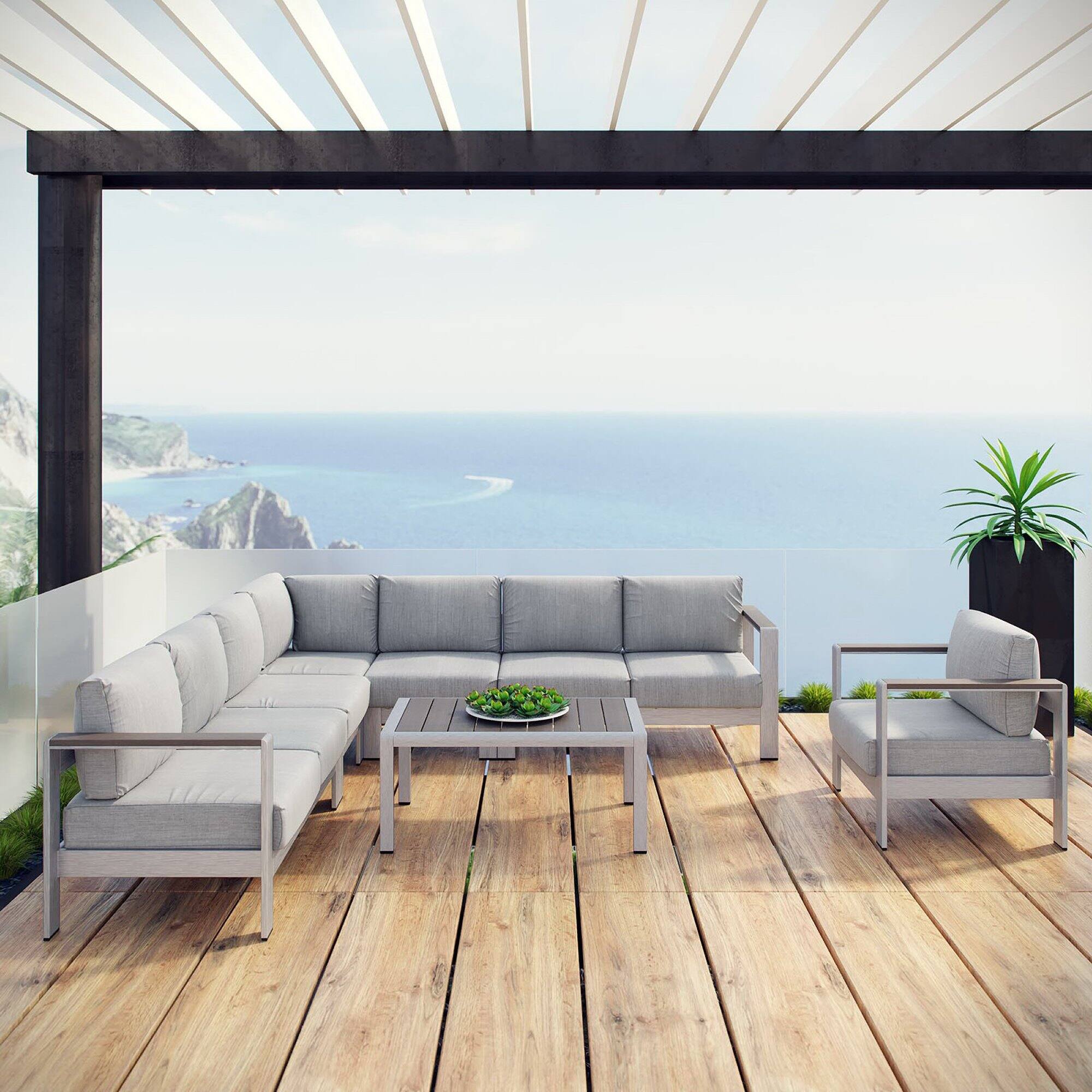 Alt View 4. Modway - Shore 7-Piece Outdoor Aluminum Sectional Sofa Set - Silver Gray.