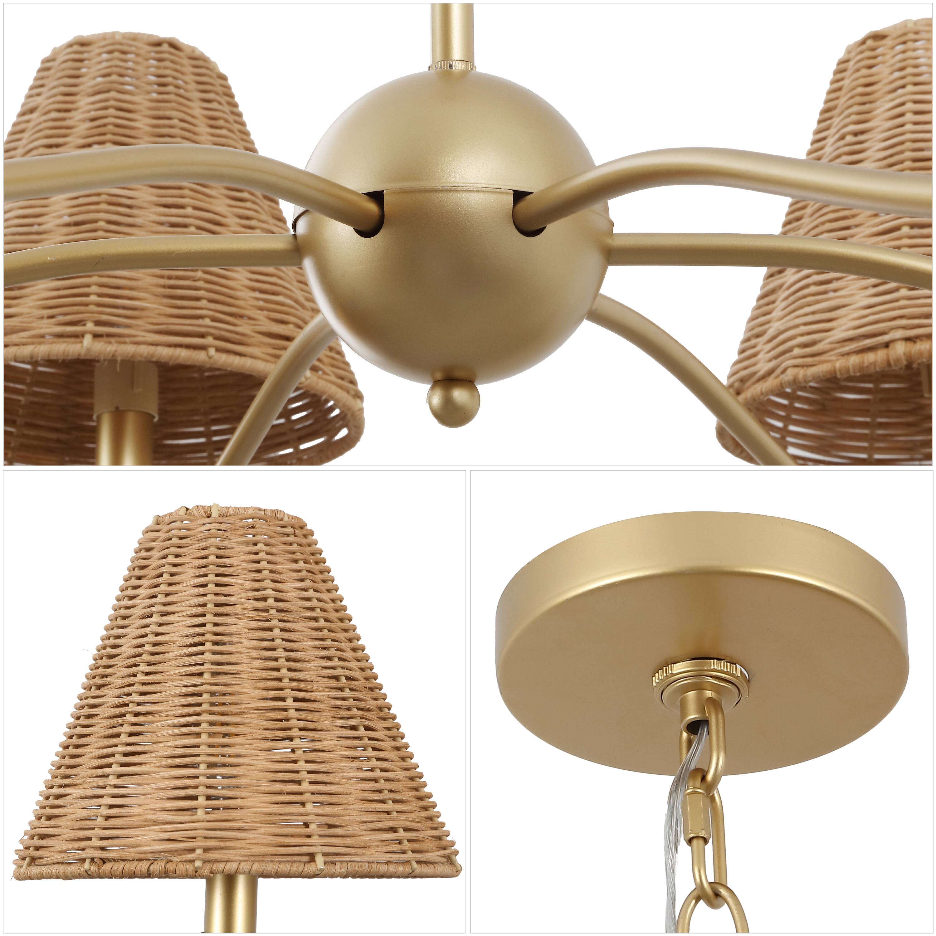 Alt View 4. Jonathan Y - Grady 35" 6-Light Adjustable Swooping Arm Metal with Hand-Woven Rattan Shades LED Chandelier, Gold Painting/Brown - Gold Painting.