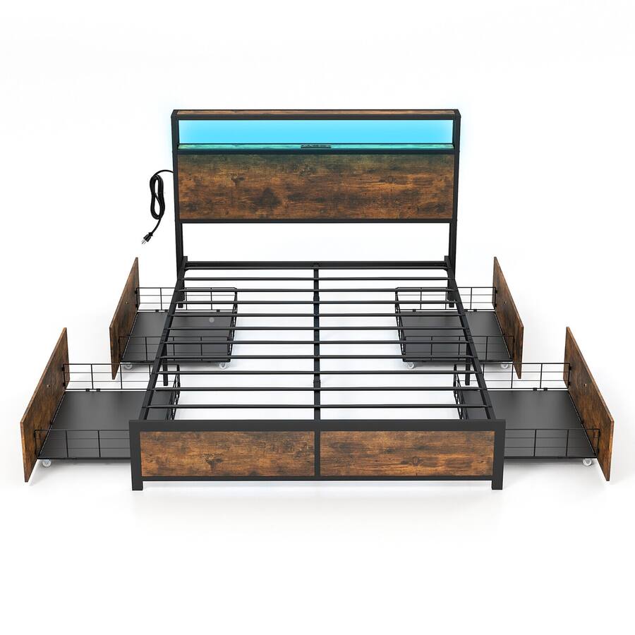 Gymax Full Industrial Platform Bed Frame with Storage Drawers & LED ...