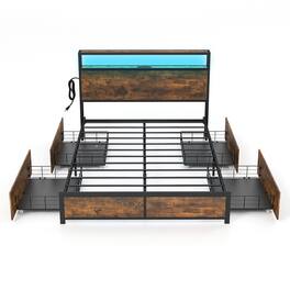 Gymax - Full Industrial Platform Bed Frame with Storage Drawers & LED Lights Headboard - Rustic Brown