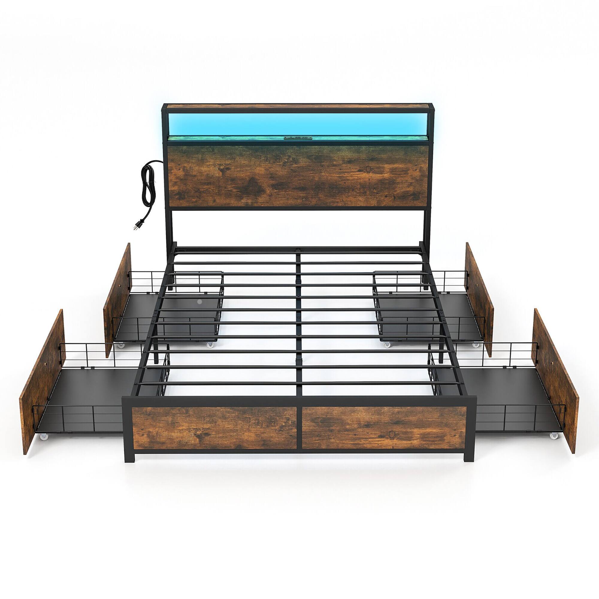 Gymax Full Industrial Platform Bed Frame with Storage Drawers & LED ...