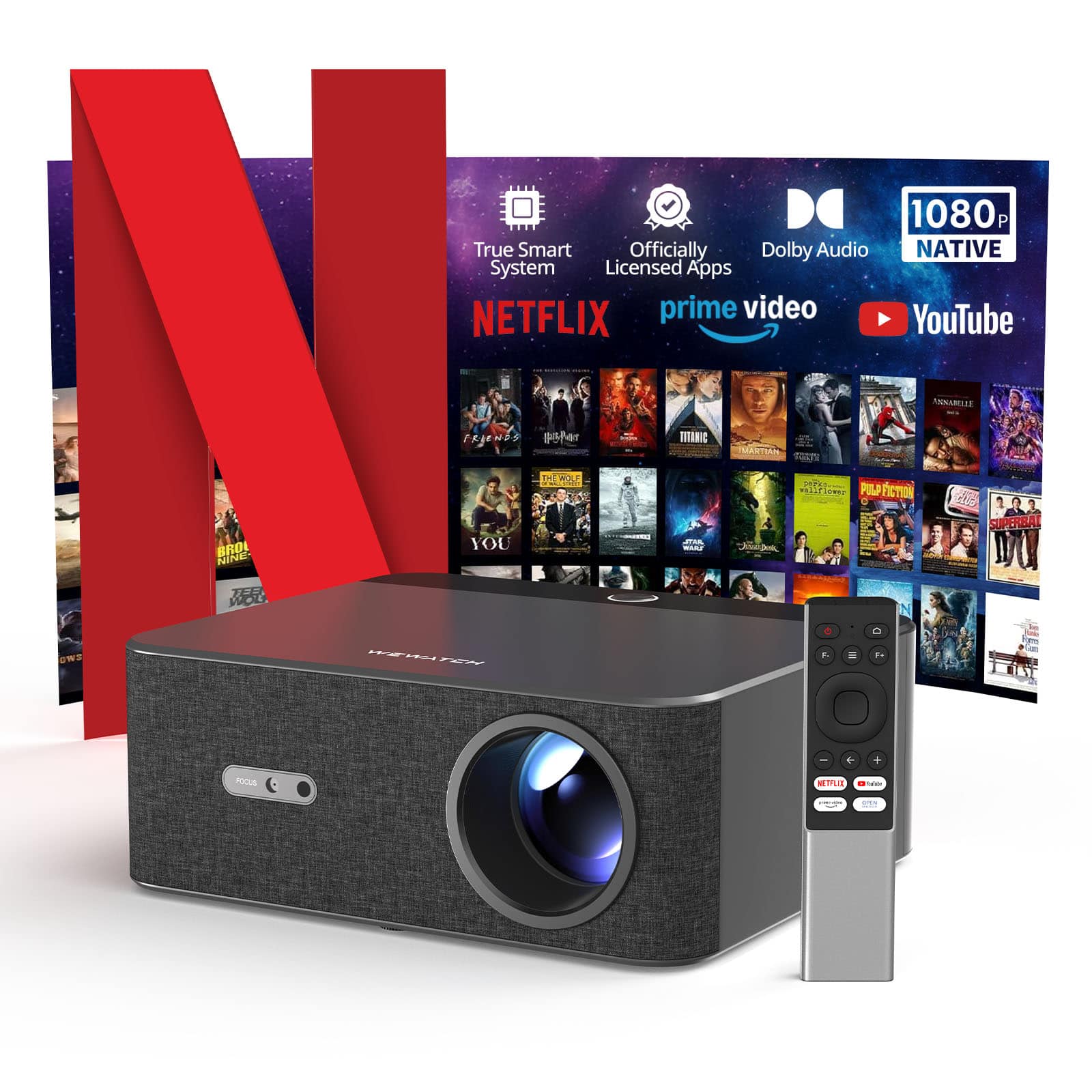 WEWATCH - Streaming Smart Projector, Netflix Official Licensed, 800 ANSI Lumen, HDR10 & Dolby Audio & Auto Focus&Keystone - Black