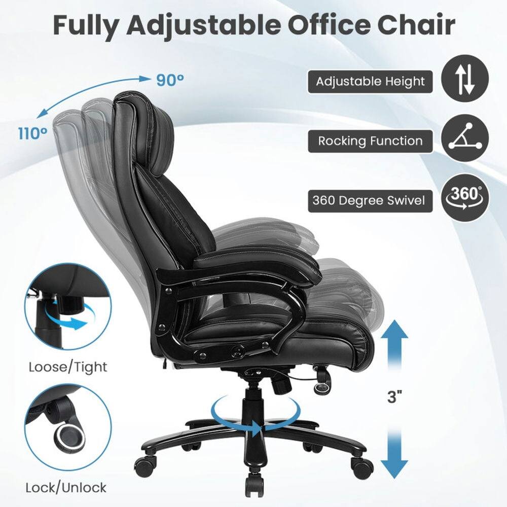 Fully Adjustable Office Chair  
- 90° Adjustable Height  
- 110° Rocking Function  
- 360° Swivel  
- 3" Loose/Tight  
- Lock/Unlock