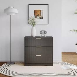 Furnulem - 27 In 3 Drawer Nightstand Fluted Wood Bedside Table Modern Wide Chest Storage Cabinet For Bedroom - Black