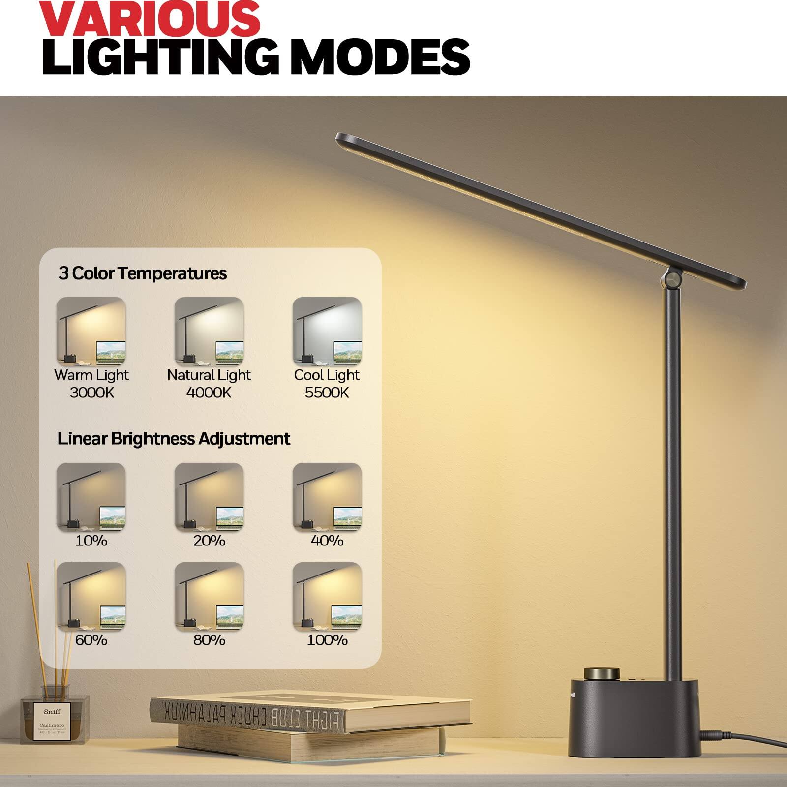 VARIOUS LIGHTING MODES

3 Color Temperatures
Warm Light 3000K
Natural Light 4000K
Cool Light 5500K

Linear Brightness Adjustment
10%
20%
40%
60%
80%
100%