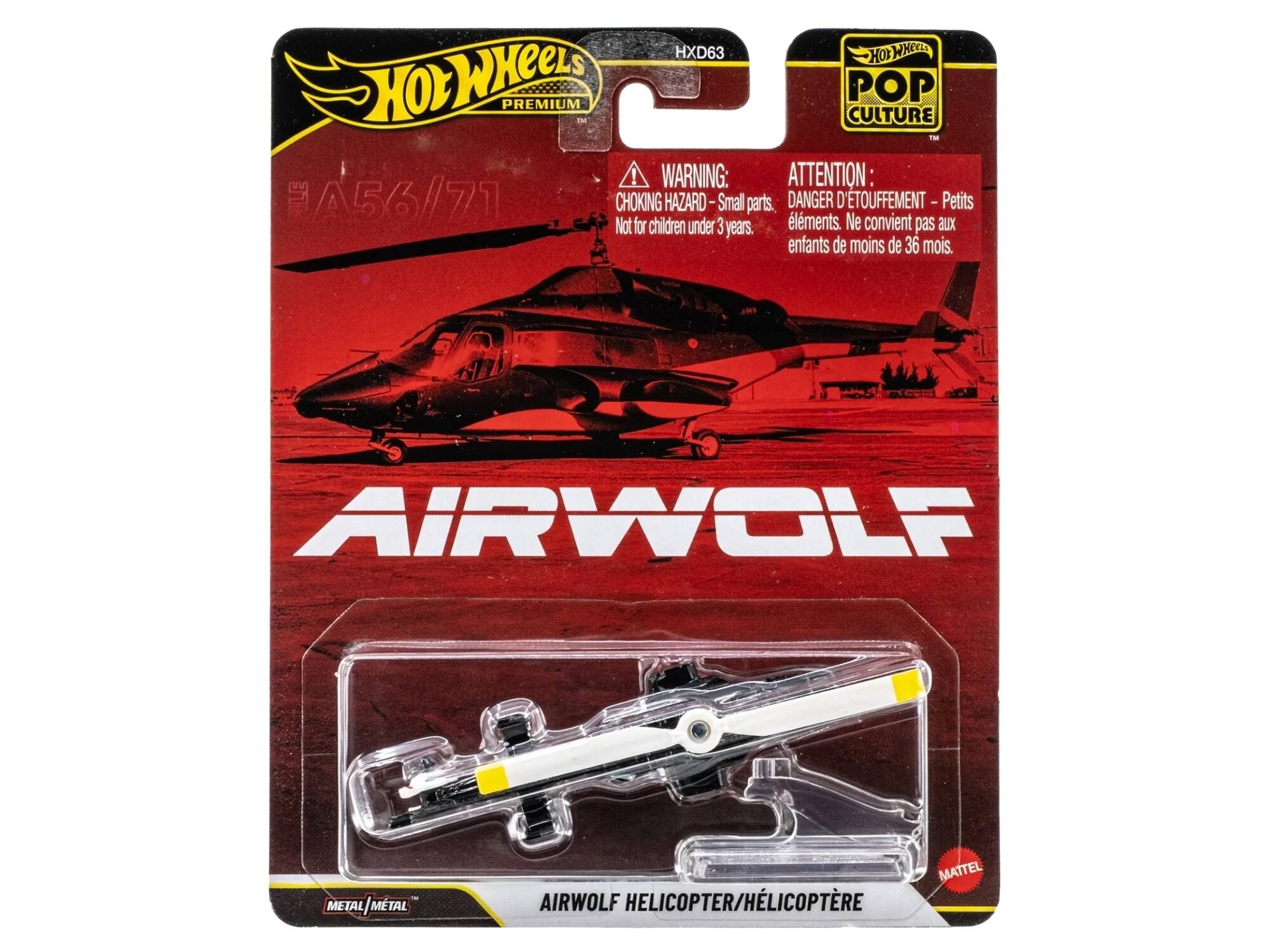 HXD63 HOT WHEELS PREMIUM POP CULTURE TM!  
WARNING: ATTENTION: TLE A56/71 CHOKING HAZARD - Small parts. DANGER D'ÉTOUFFEMENT - Petits éléments. Ne convient pas aux enfants de moins de 36 mois.  
AIRWOLF METAL METAL/MTAL MATTEL AIRWOLF HELICOPTER/HÉLICOPTÈRE