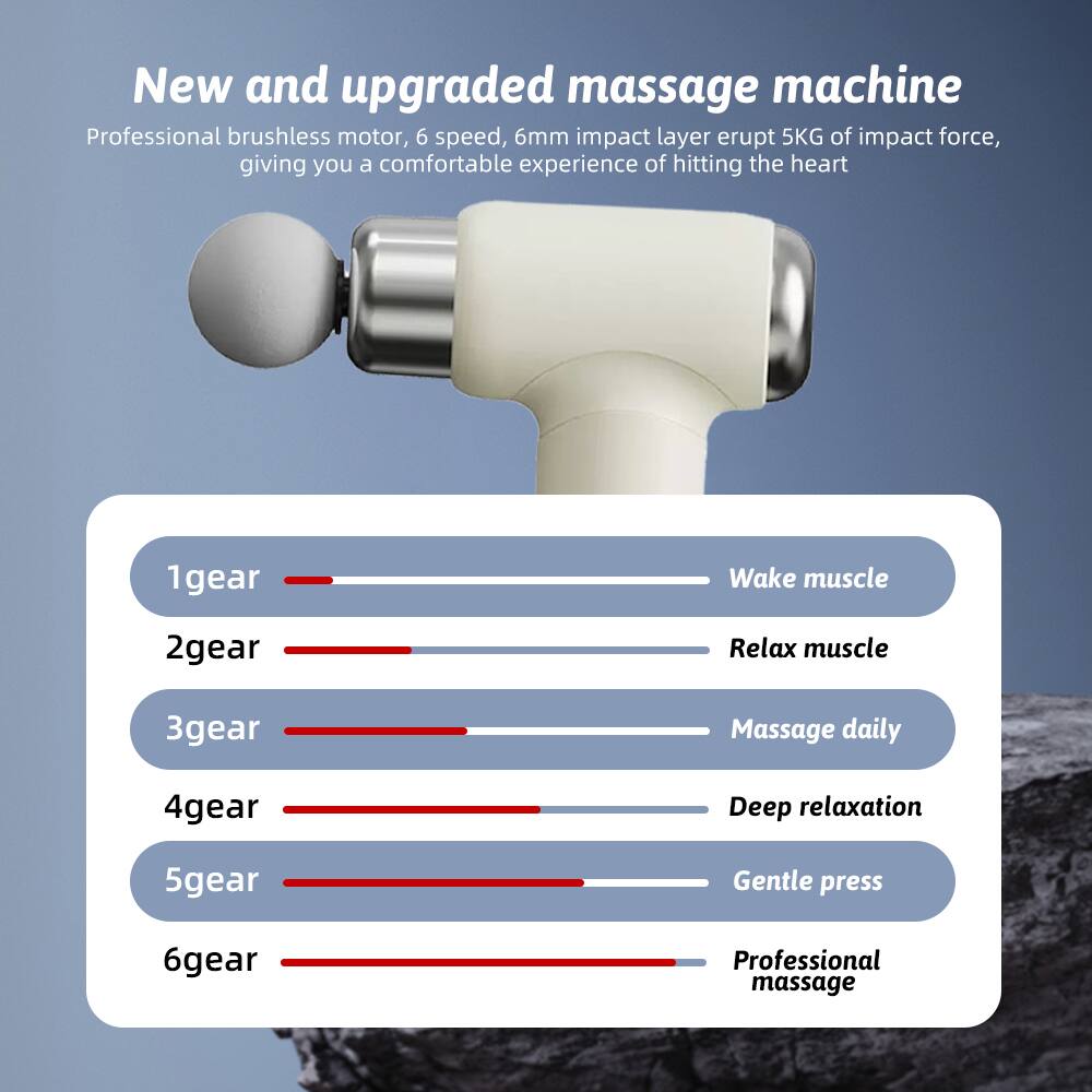 New and upgraded massage machine

Professional brushless motor, 6 speed, 6mm impact layer erupt 5KG of impact force, giving you a comfortable experience of hitting the heart

1gear - Wake muscle  
2gear - Relax muscle  
3gear - Massage daily  
4gear - Deep relaxation  
5gear - Gentle press  
6gear - Professional massage