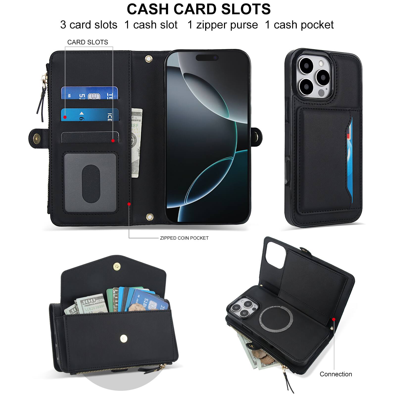 CASH CARD SLOTS  
3 card slots  
1 cash slot  
1 zipper purse  
1 cash pocket  

CARD SLOTS  

ZIPPED COIN POCKET  

Connection