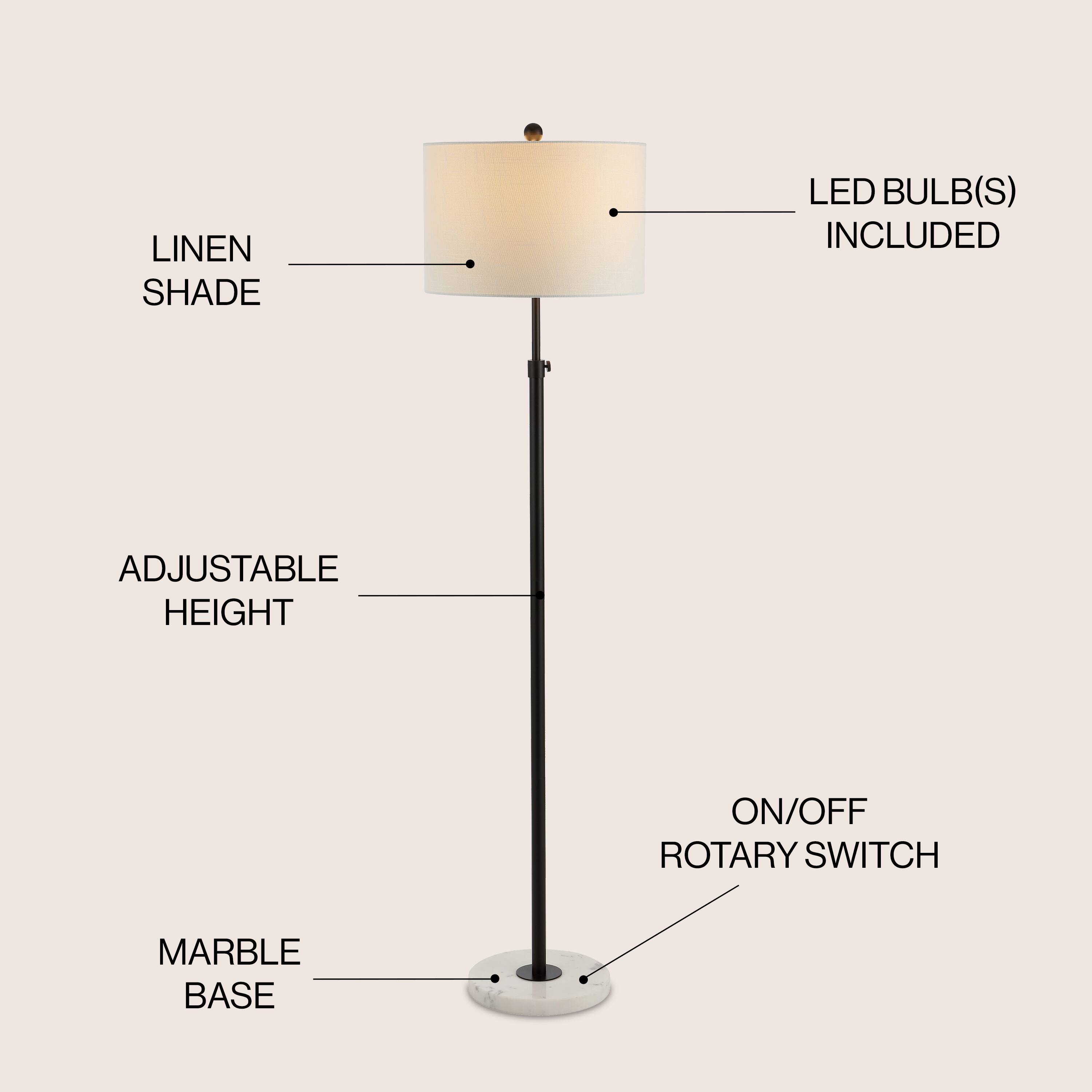 LINEN SHADE  
LED BULB(S) INCLUDED  
ADJUSTABLE HEIGHT  
ON/OFF ROTARY SWITCH  
MARBLE BASE