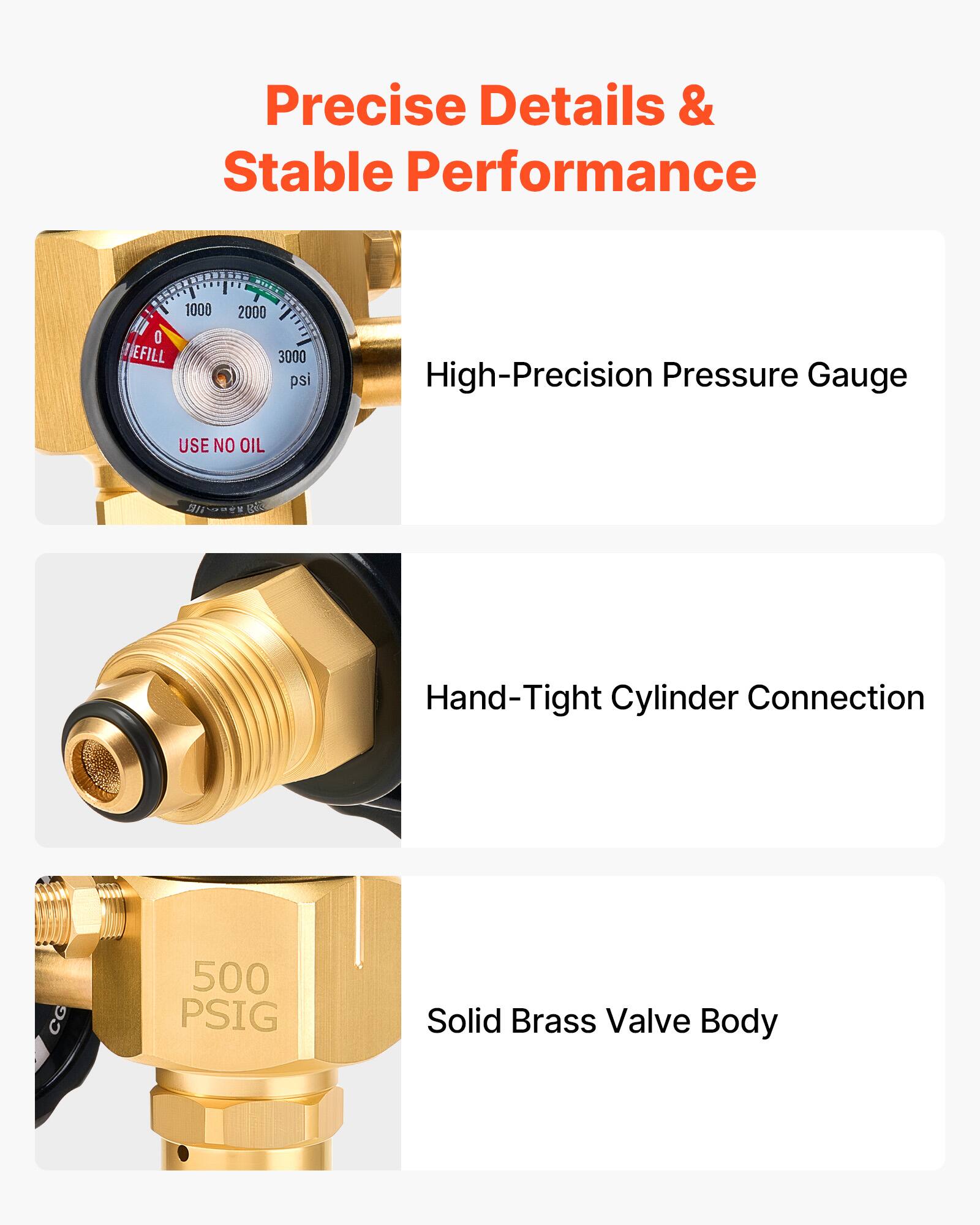 Precise Details & Stable Performance

- High-Precision Pressure Gauge
- Hand-Tight Cylinder Connection
- Solid Brass Valve Body

1000 2000 3000 psi
USE NO OIL
500 PSIG