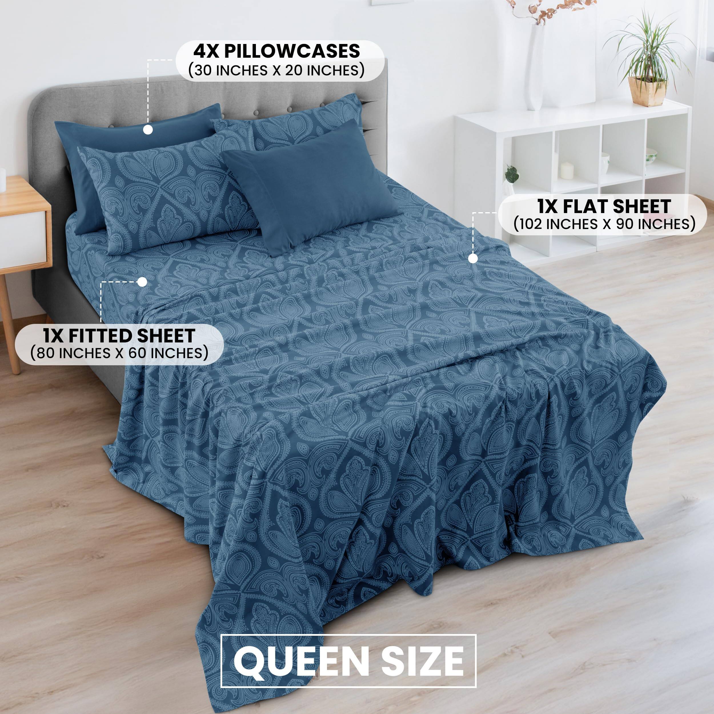 4X PILLOWCASES (30 INCHES X 20 INCHES)  
1X FLAT SHEET (102 INCHES X 90 INCHES)  
1X FITTED SHEET (80 INCHES X 60 INCHES)  
QUEEN SIZE