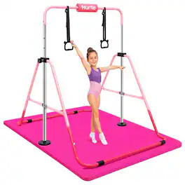 Hurtle - Expandable Gymnastics Bar for Kids, Adjustable Height Pull-Up Bar with Rings, Foldable, 145 lb Capacity - Pink