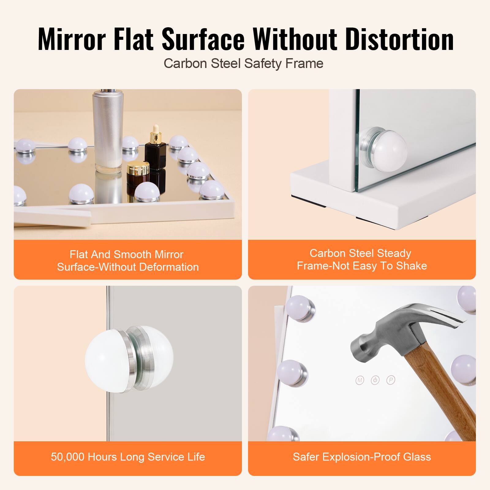 Mirror Flat Surface Without Distortion  
Carbon Steel Safety Frame  

- Flat And Smooth Mirror Surface-Without Deformation  
- Carbon Steel Steady Frame-Not Easy To Shake  
- 50,000 Hours Long Service Life  
- Safer Explosion-Proof Glass