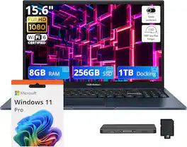 ASUS - Upgraded - Vivobook 15.6" FHD Business Laptop,Intel Core 3 100U,8GB DDR5,256GB SSD+1TB Dock Station Set,Wi-Fi 6,Win11 Pro - Blue