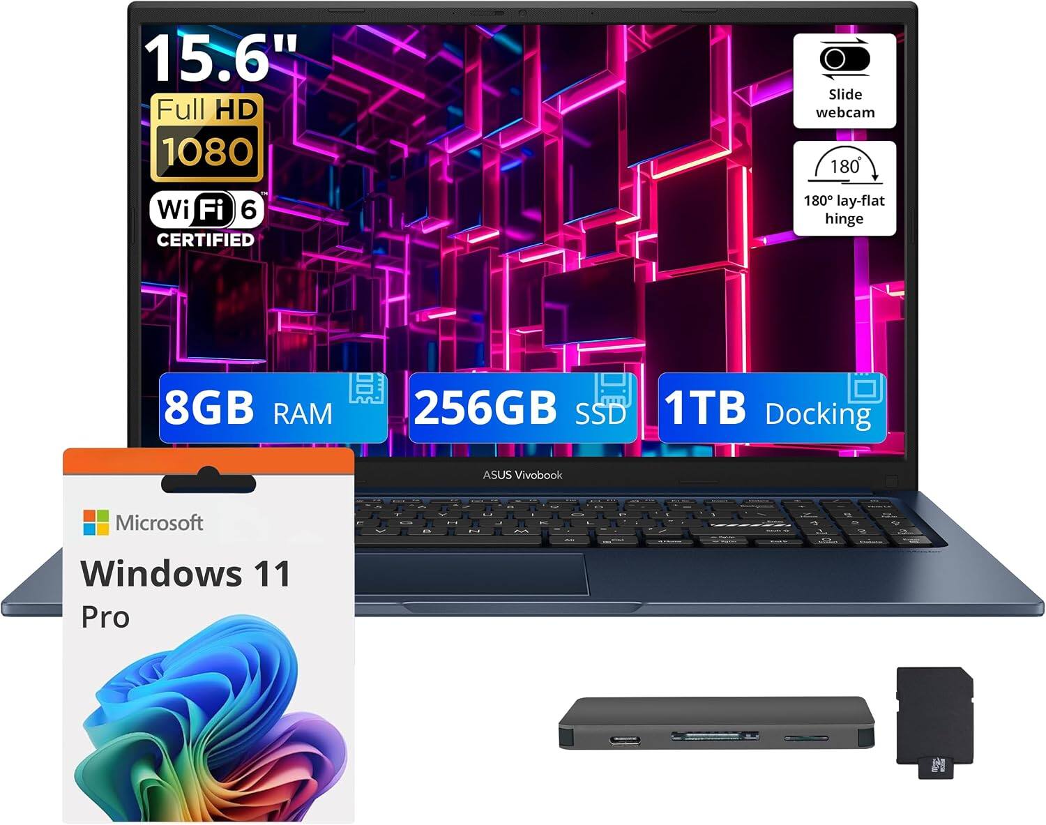 15.6" Full HD 1080 Slide webcam 180 Wi-Fi 6 CERTIFIED 180 lay-flat hinge 8GB RAM 256GB SSD 1TB Docking ASUS Vivobook Microsoft Windows 11 Pro