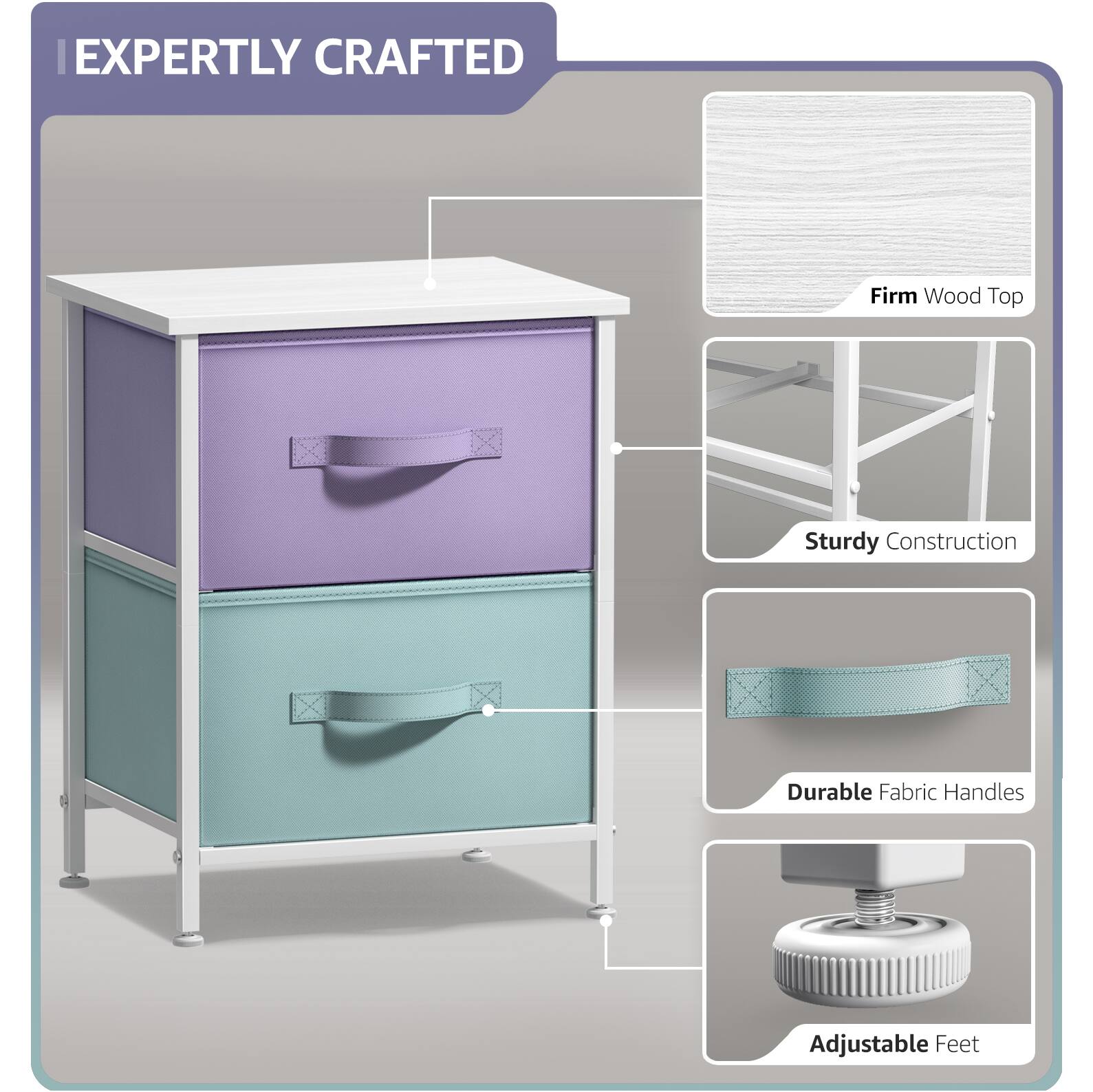 EXPERTLY CRAFTED

- Firm Wood Top
- Sturdy Construction
- Durable Fabric Handles
- Adjustable Feet