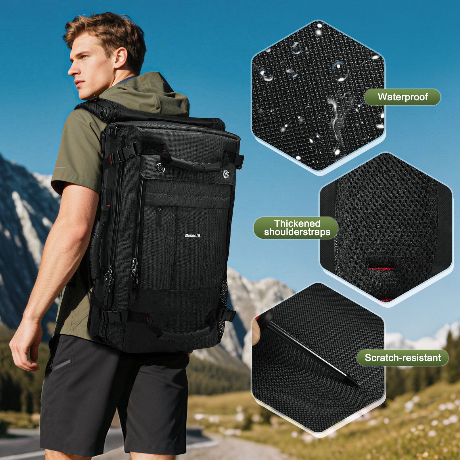 Waterproof  
Thickened shoulder straps  
Scratch-resistant