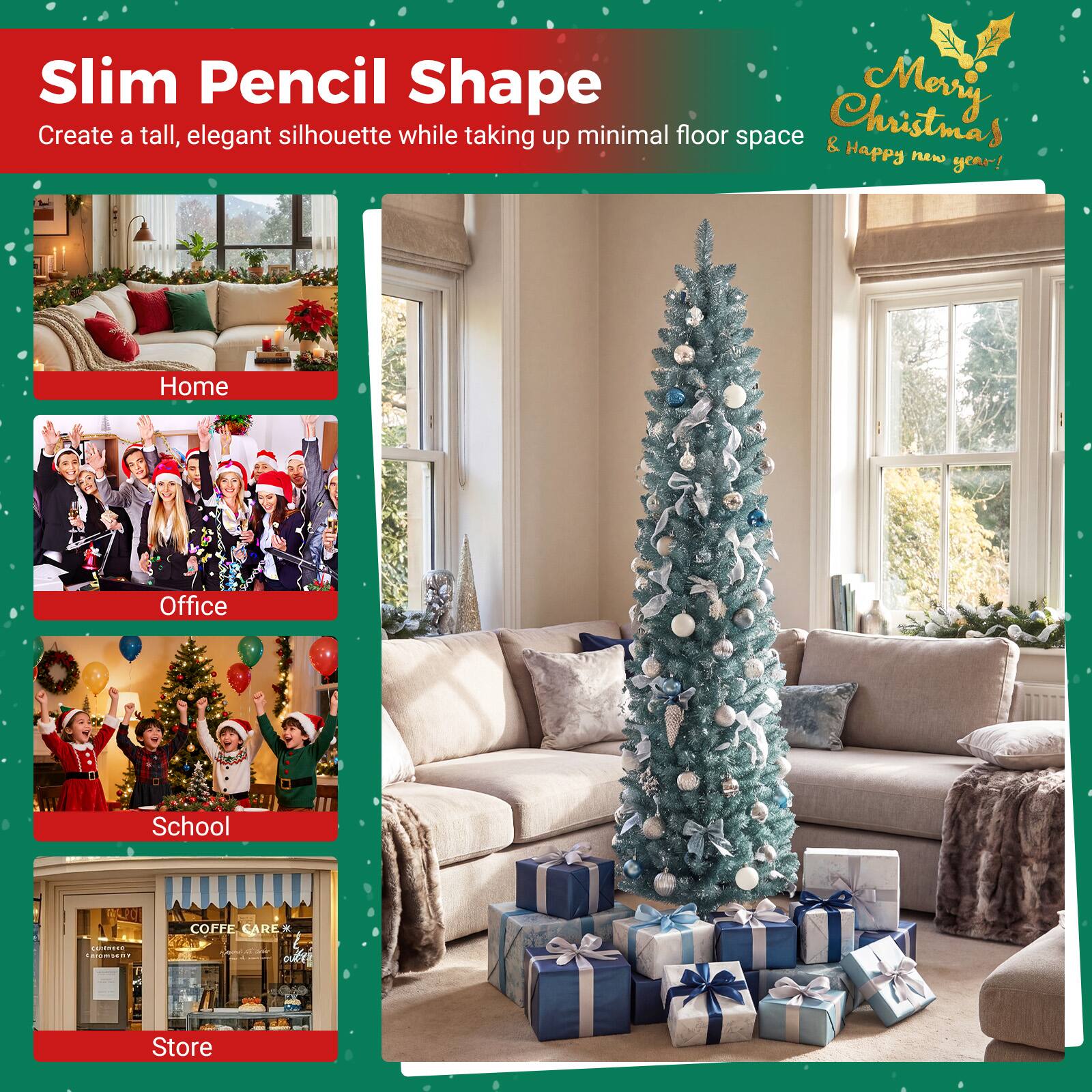 Slim Pencil Shape  
Create a tall, elegant silhouette while taking up minimal floor space  

Home  
Office  
School  
Store  

Merry Christmas & Happy new year!