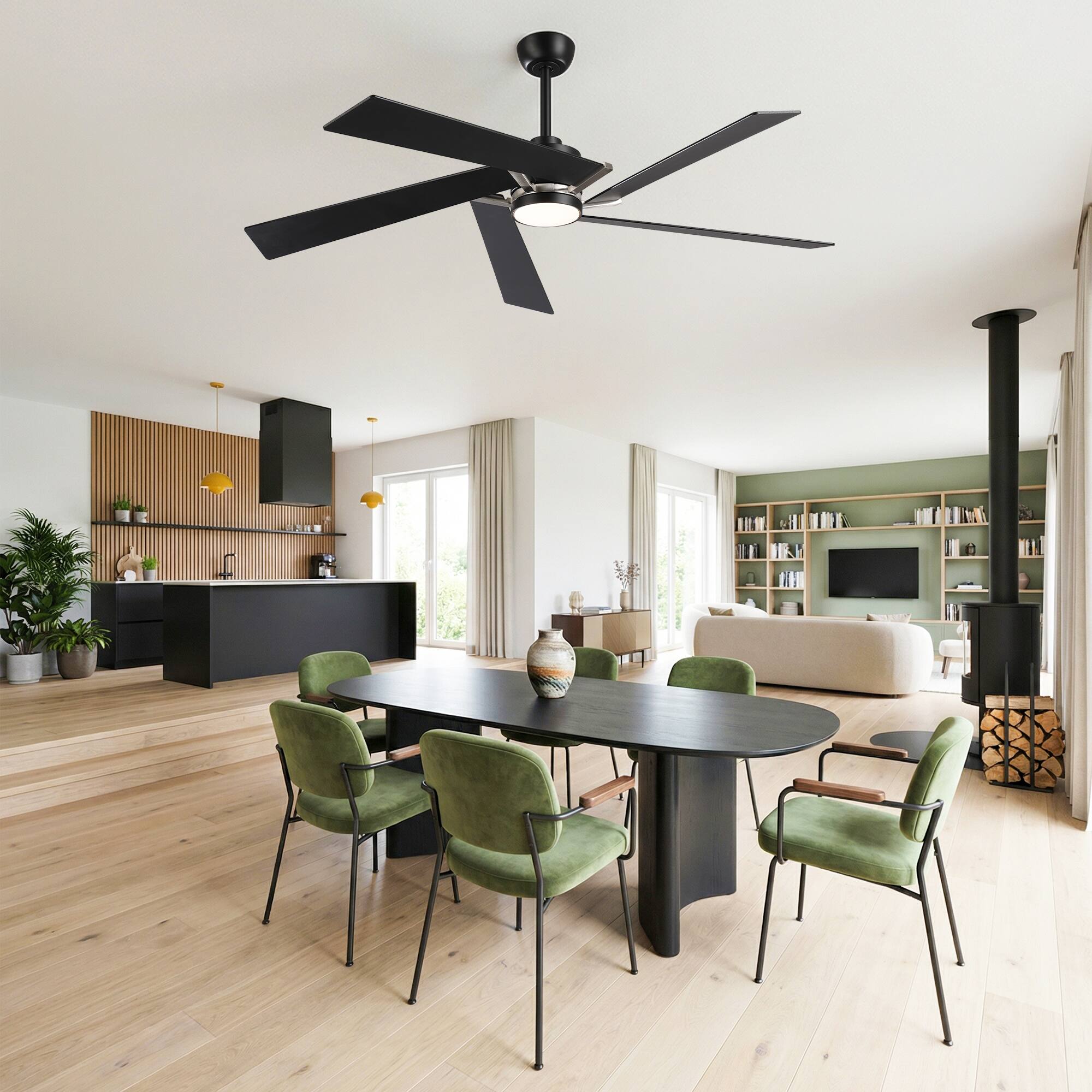 Back. Parrot Uncle - 60" Modern Black LED Ceiling Fan with Remote Control and Reverible Blades - Black.