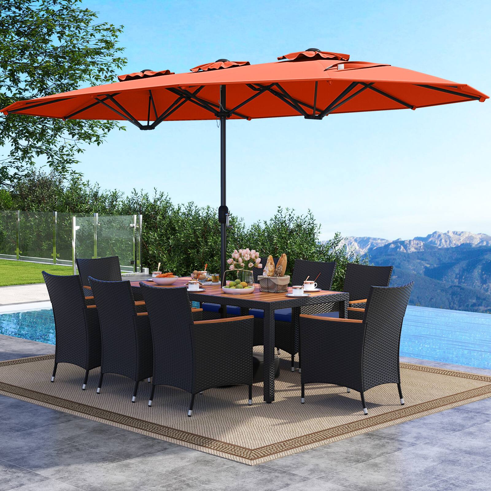 Alt View 1. Costway - Costway 11 PCS Patio Wicker Dining Set with Double-Sided Outdoor Umbrella 8 Stackable Chairs - Orange+Navy.