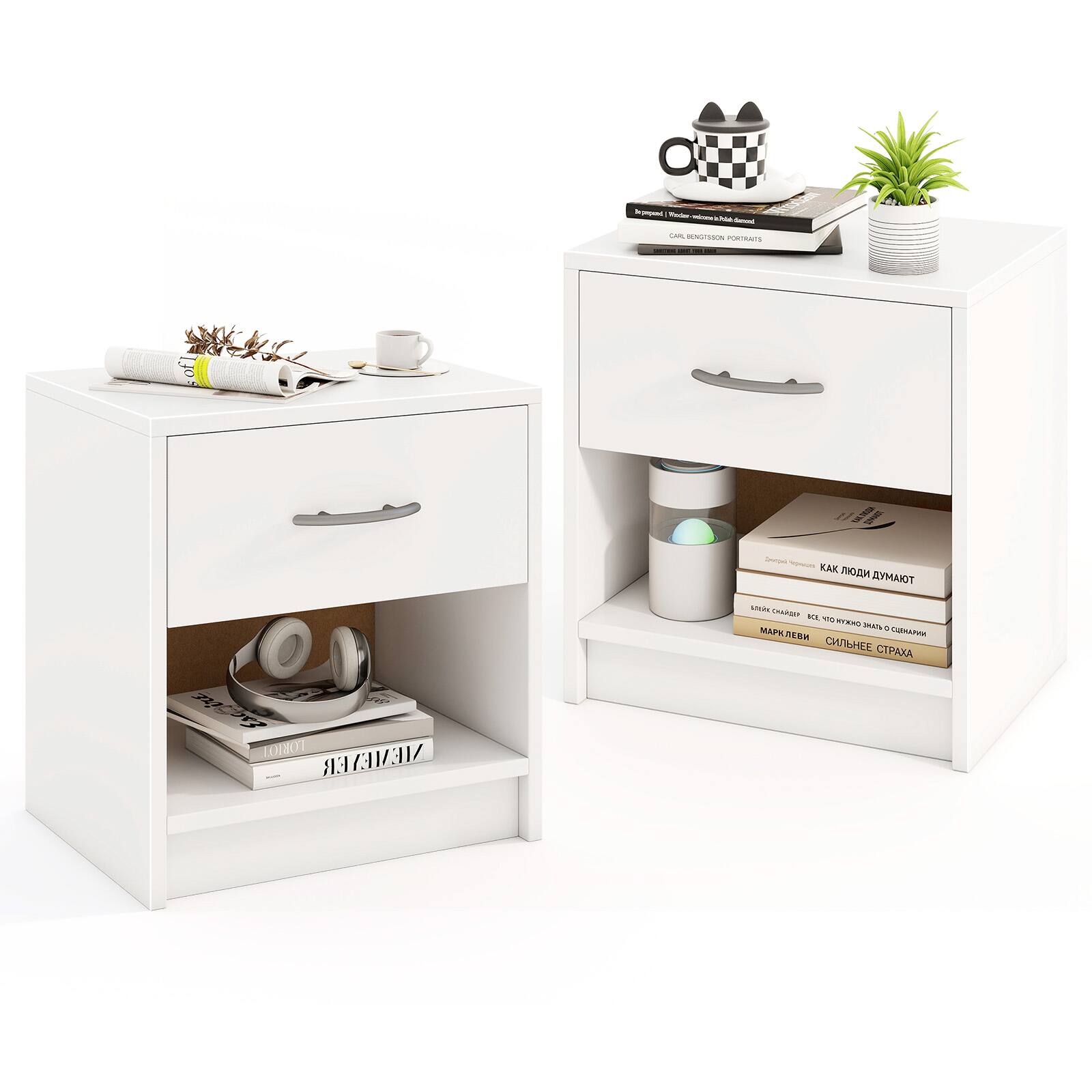 Gymax - 2 PCS Nightstand w/ Drawer Side Table w/ Slide-out Drawer Open Storage Shelf - White