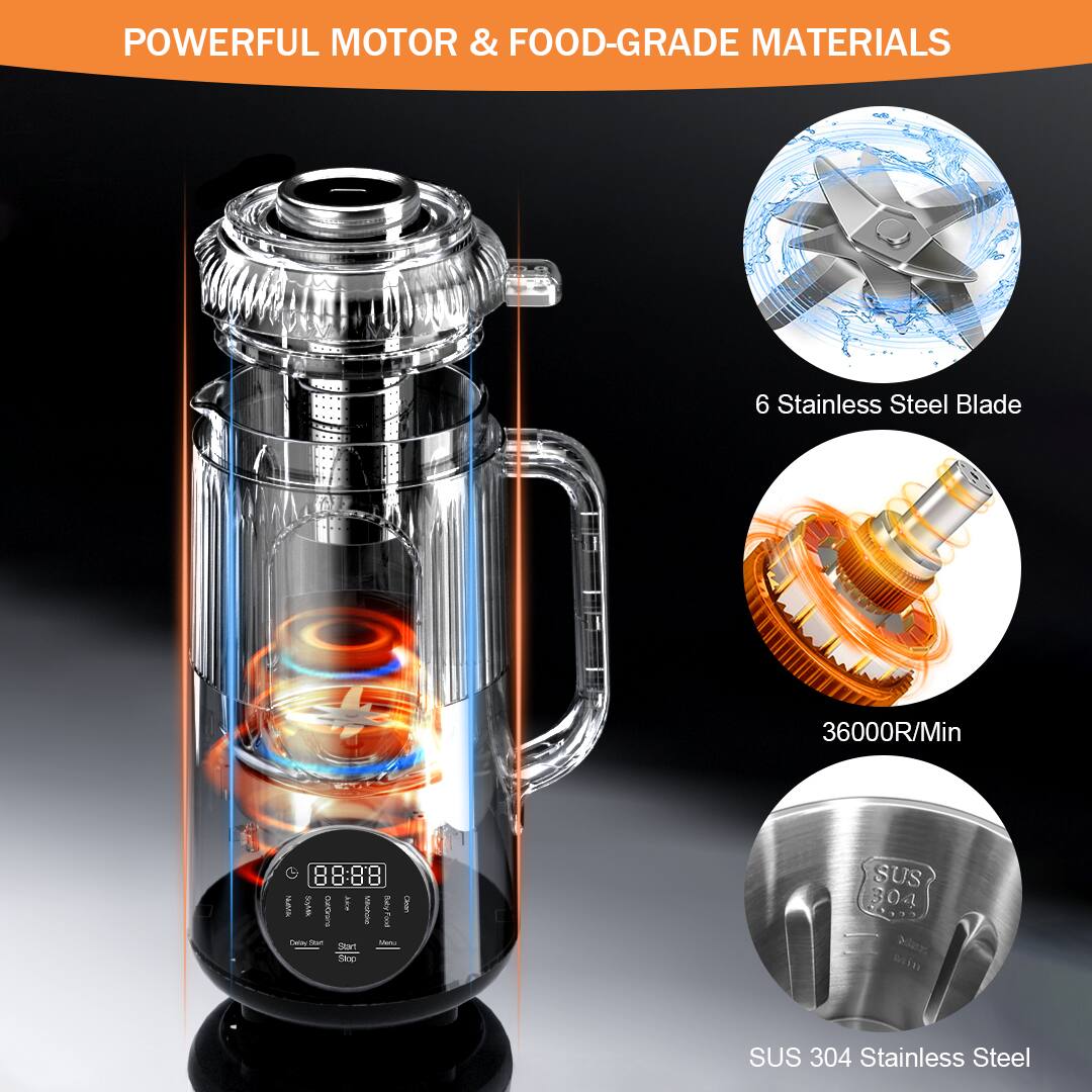POWERFUL MOTOR & FOOD-GRADE MATERIALS

6 Stainless Steel Blade

36000R/Min

SUS 304 Stainless Steel